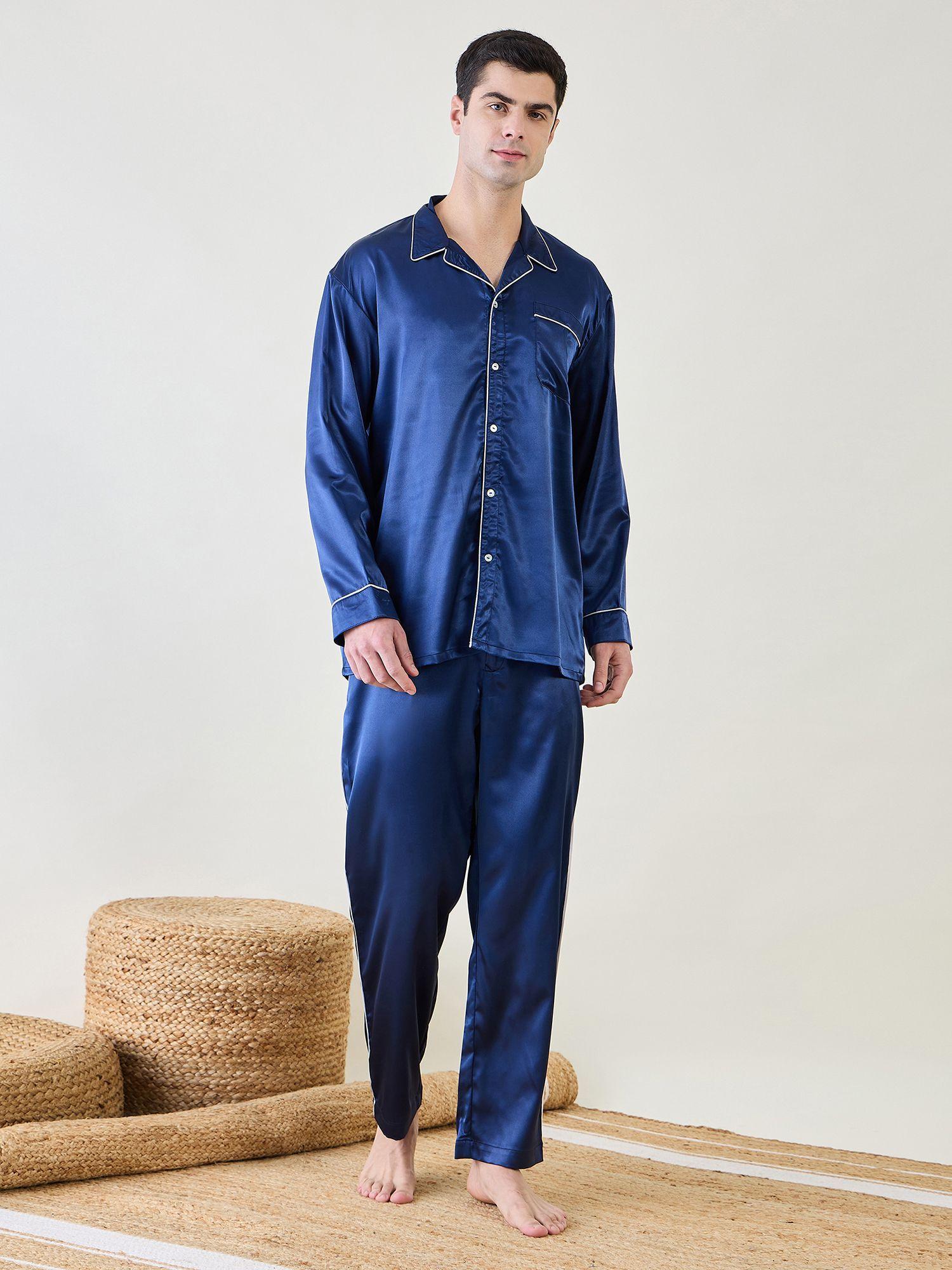 mens blue satin night suit (set of 2)