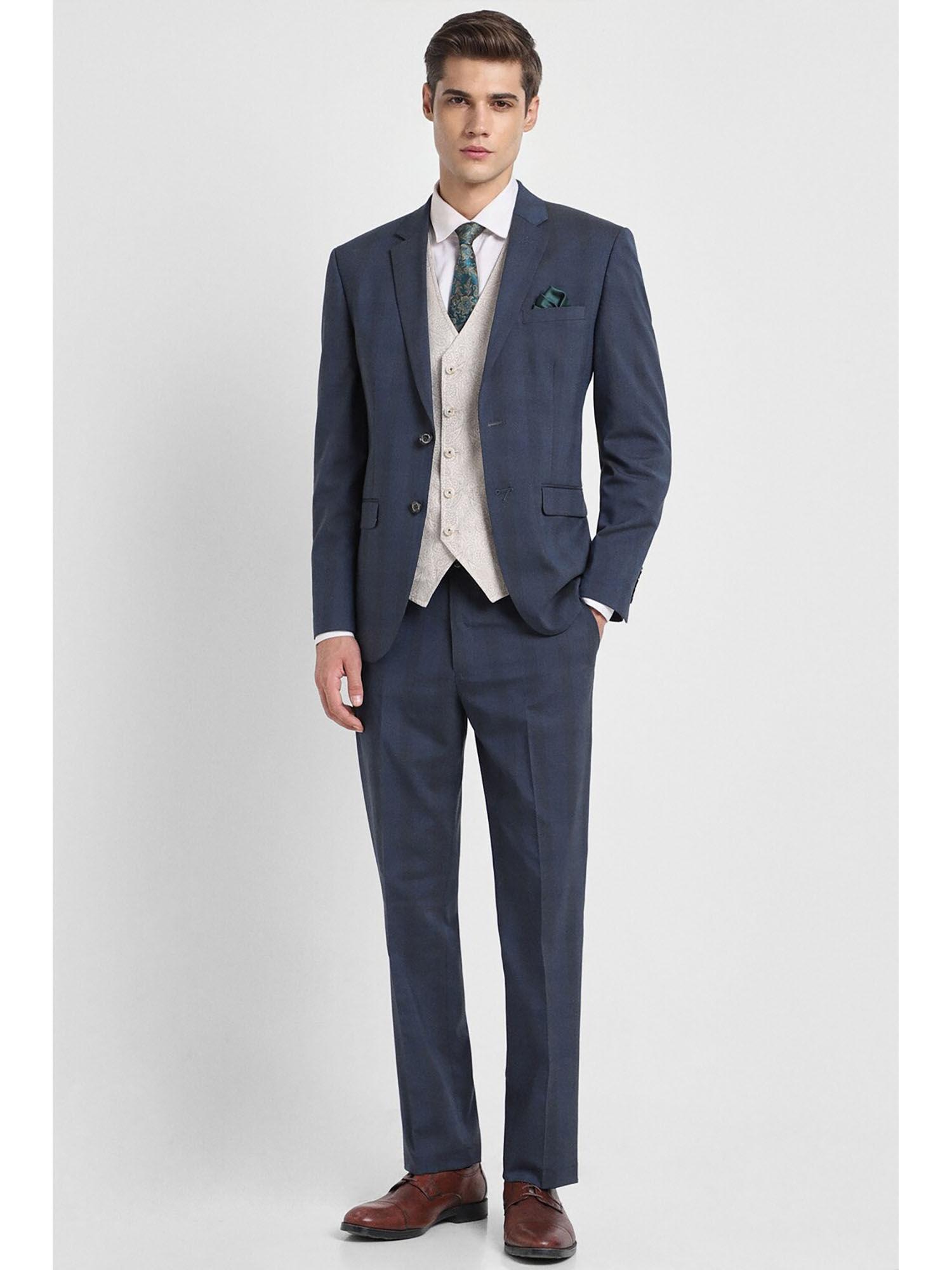 mens blue slim fit check formal three piece suit (set of 3)