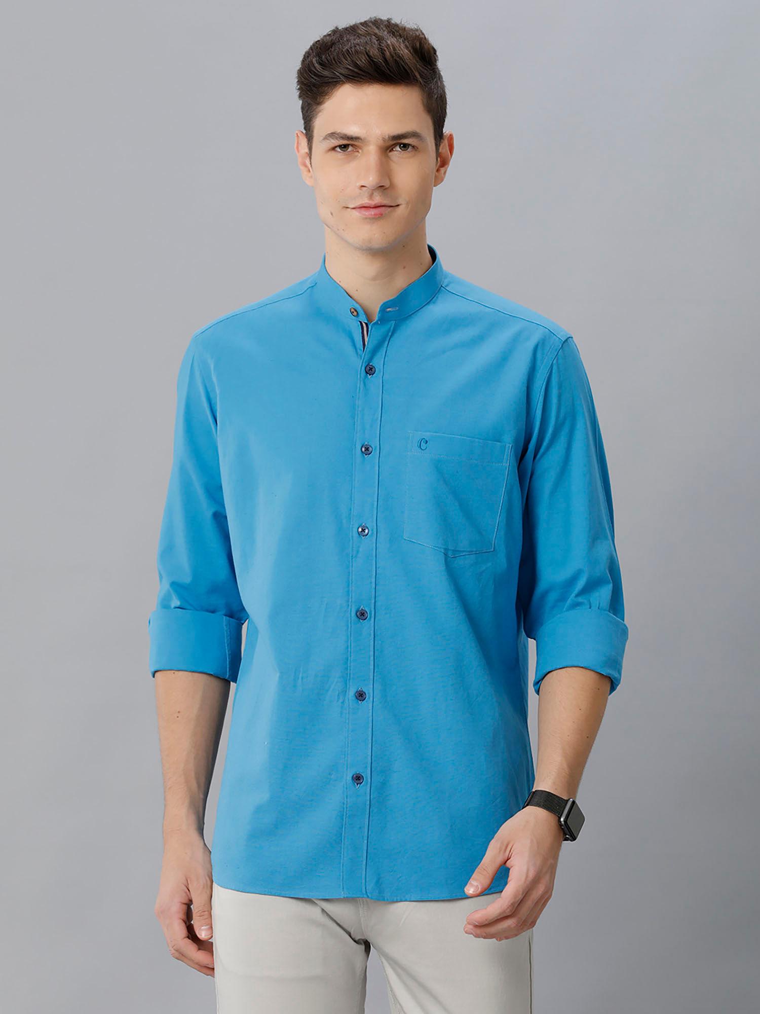 mens blue solid regular fit cotton linen shirt