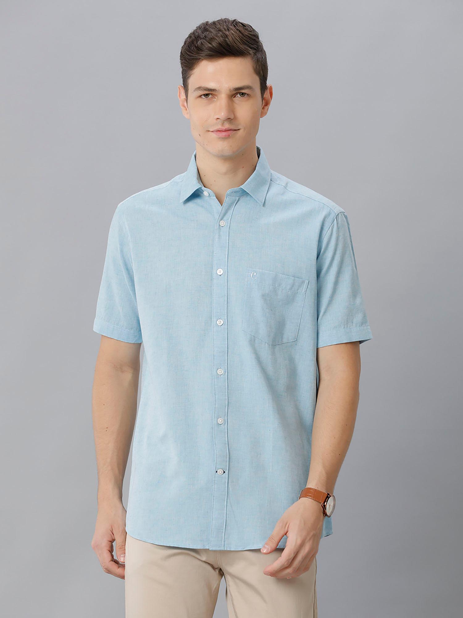 mens blue solid regular fit cotton linen shirt