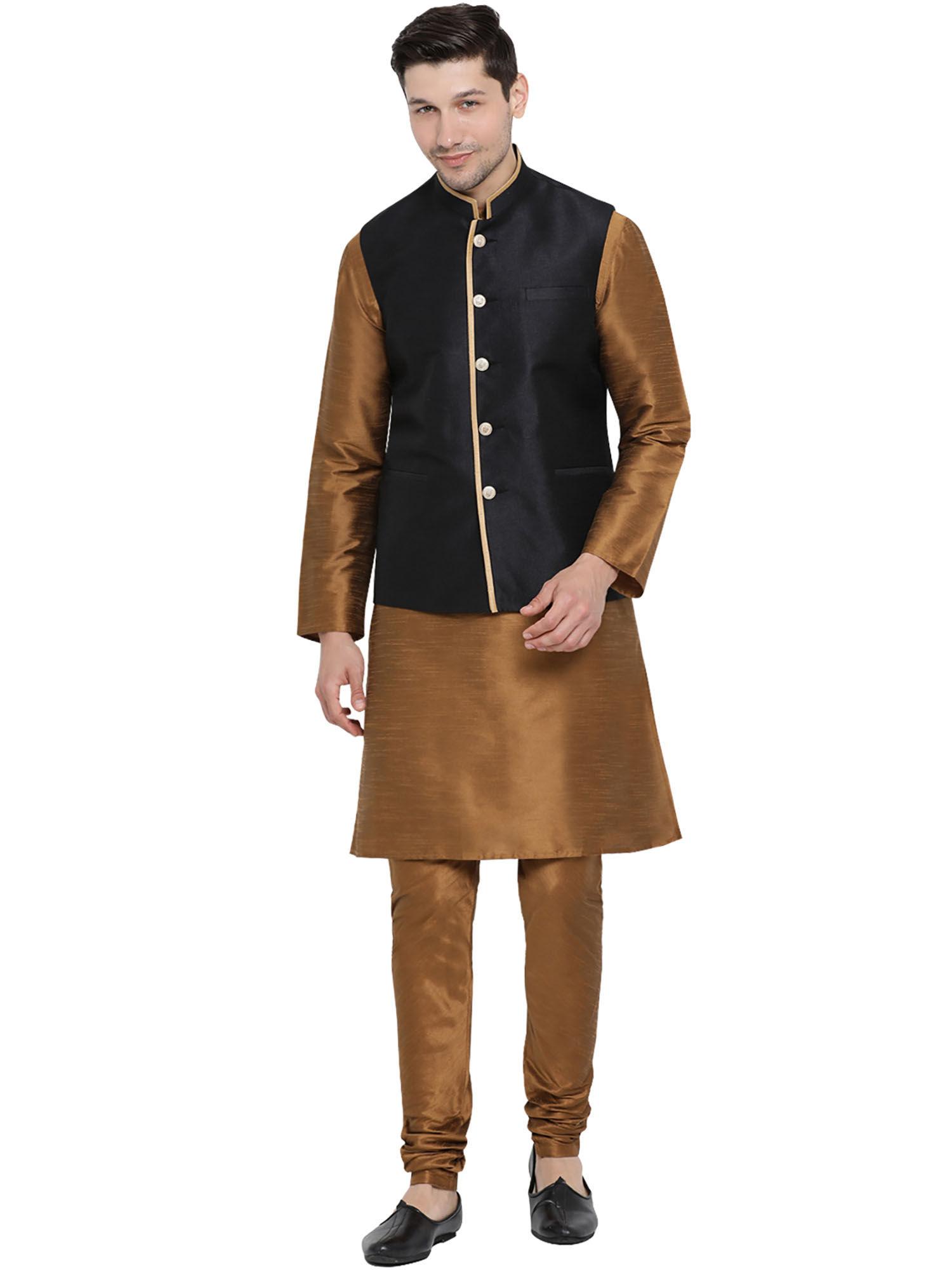 mens brown silk blend jacket, kurta and churidar (set of 3)