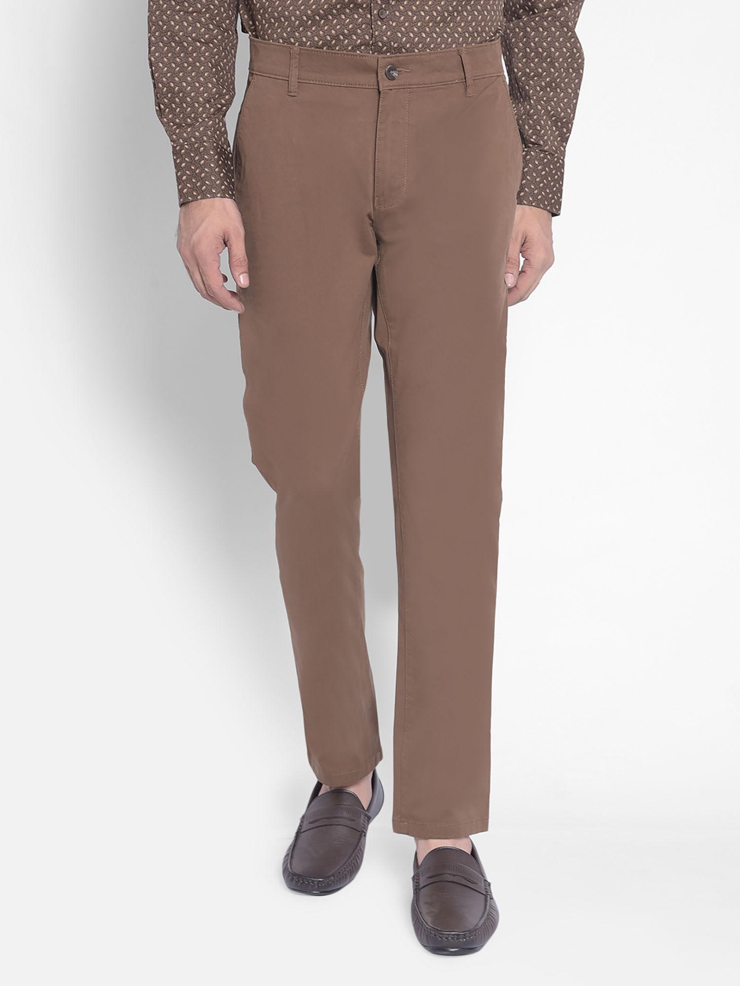 mens brown solid trousers