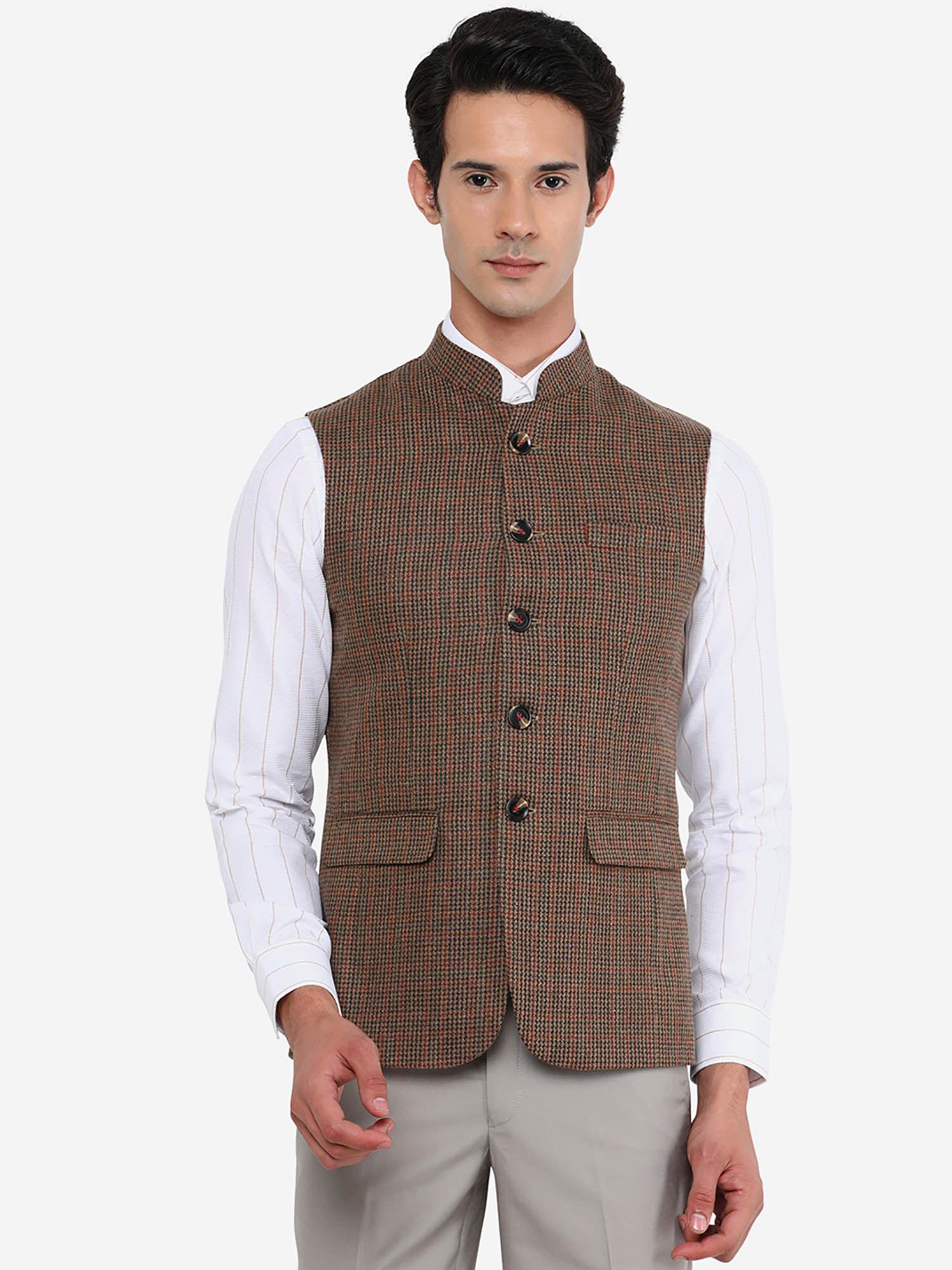 mens brown terry wool solid regular fit waist coat (bandhgala jacket)