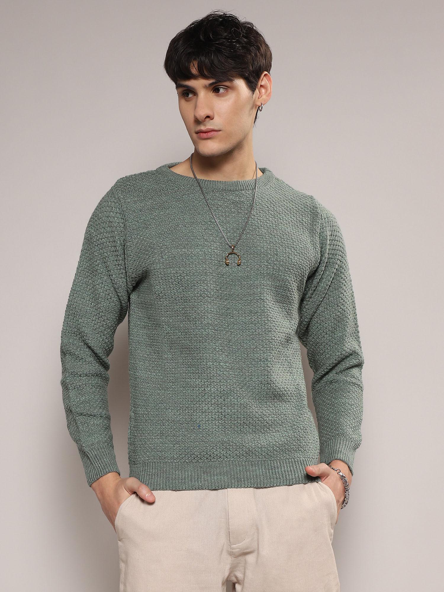 mens carbon green self-design striped sweater