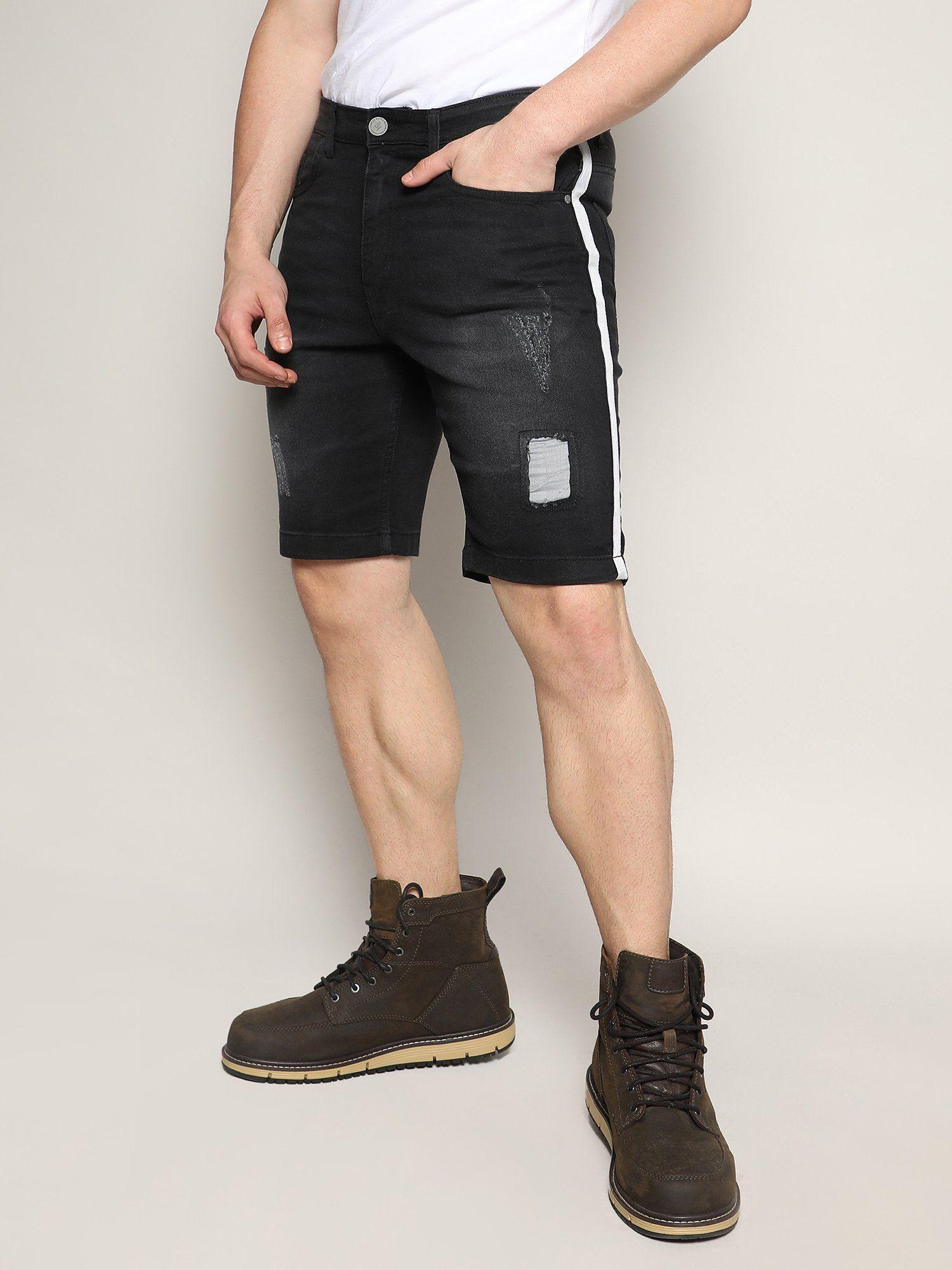 mens charcoal black heavy distressed cargo denim shorts