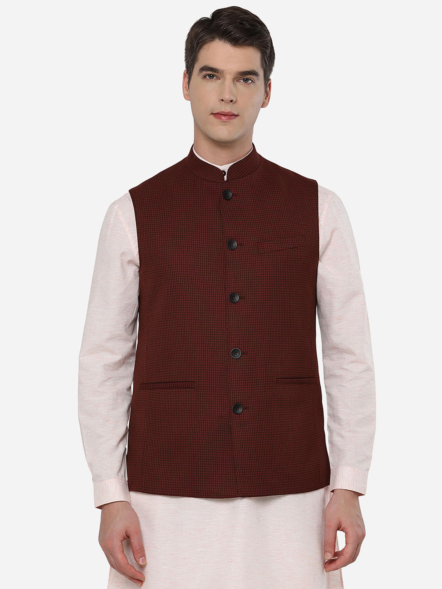 mens-checked-maroon-&-brown-poly-wool-regular-fit-modi-jacket