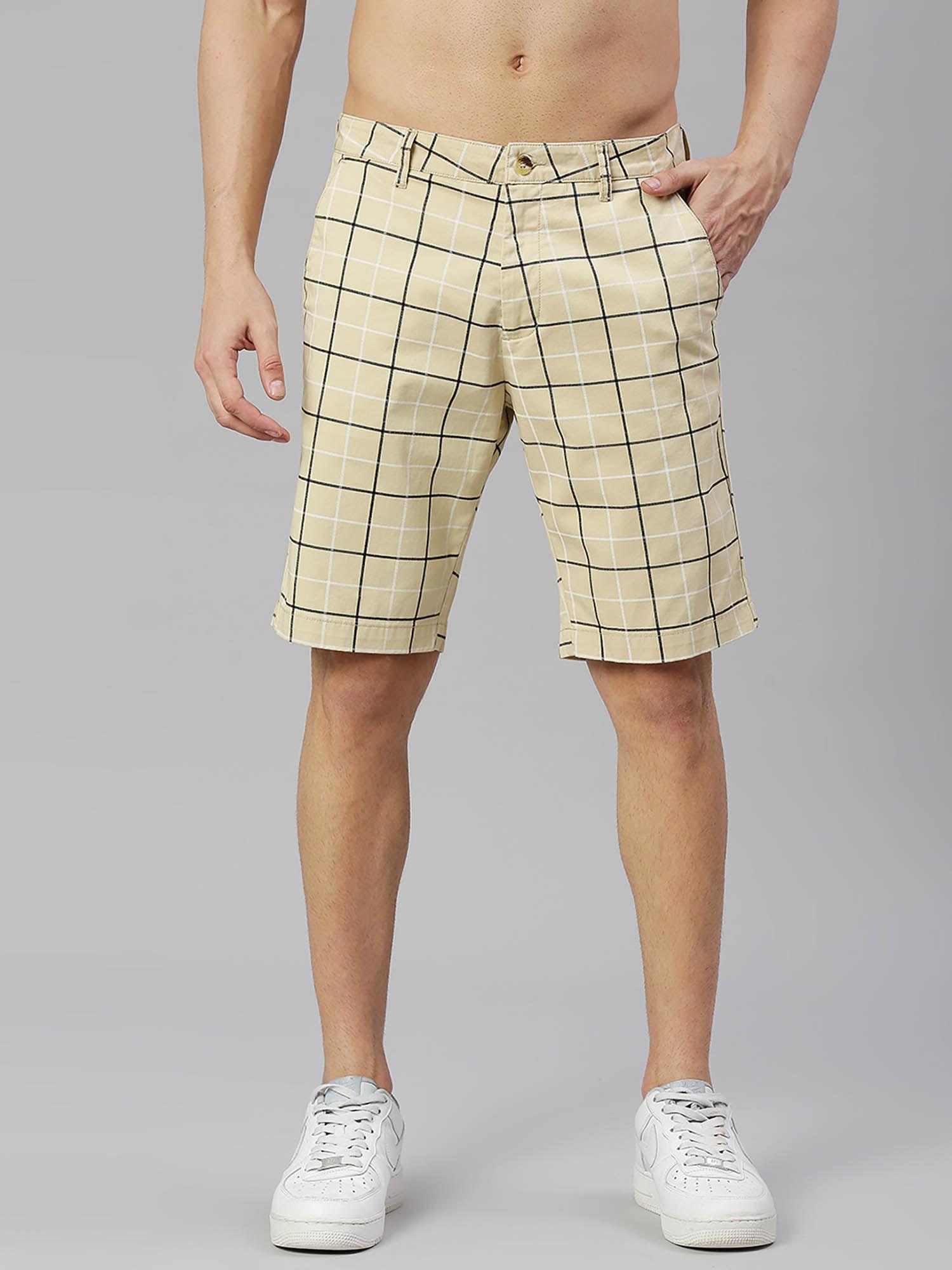 mens checked mid rise slim fit sports shorts - beige