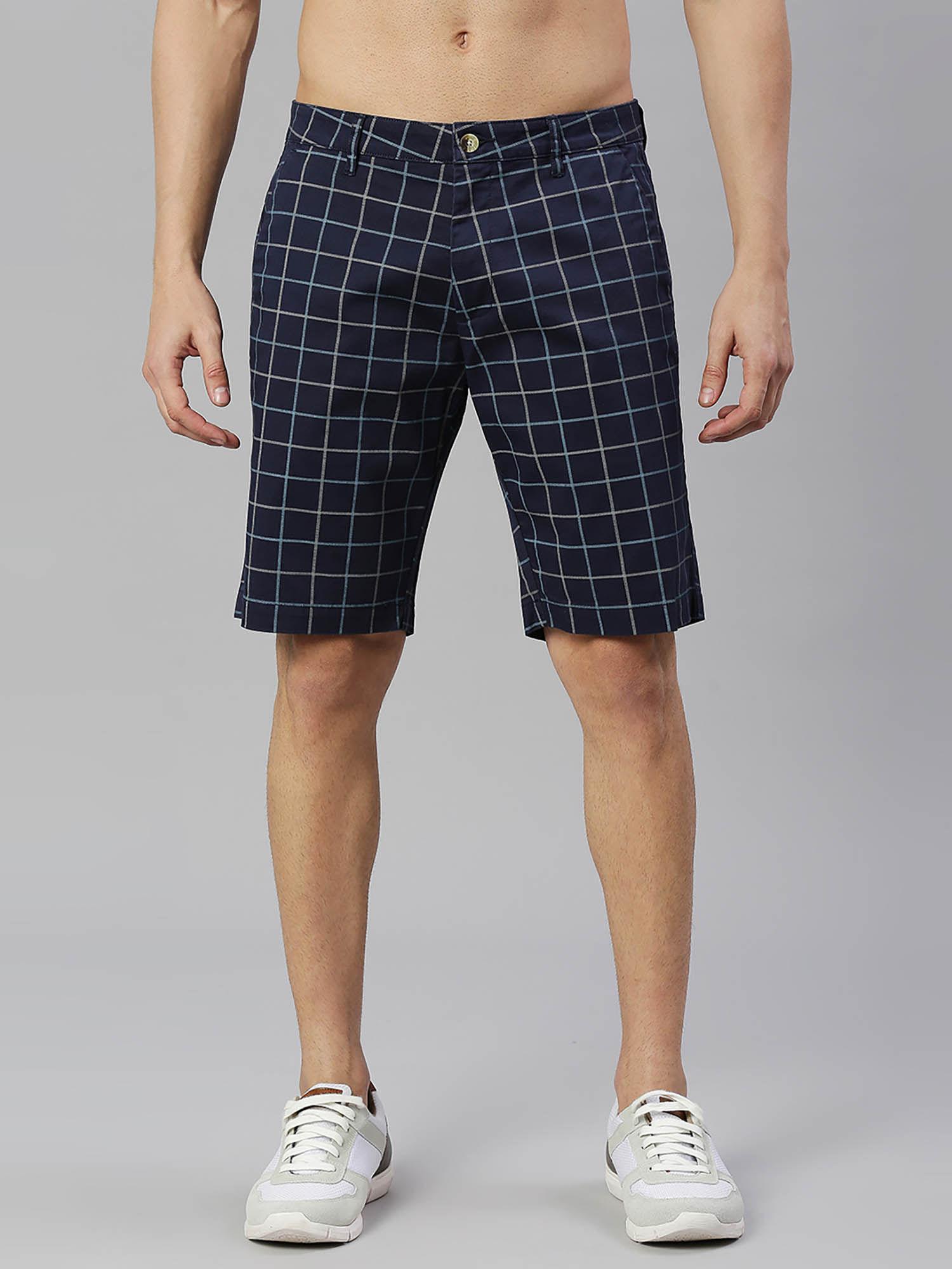 mens checked mid rise slim fit sports shorts - blue