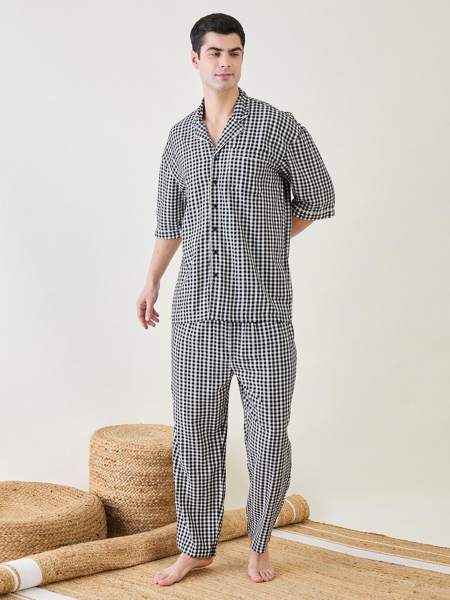 mens checks cotton shirt and pyjama (set of 2)