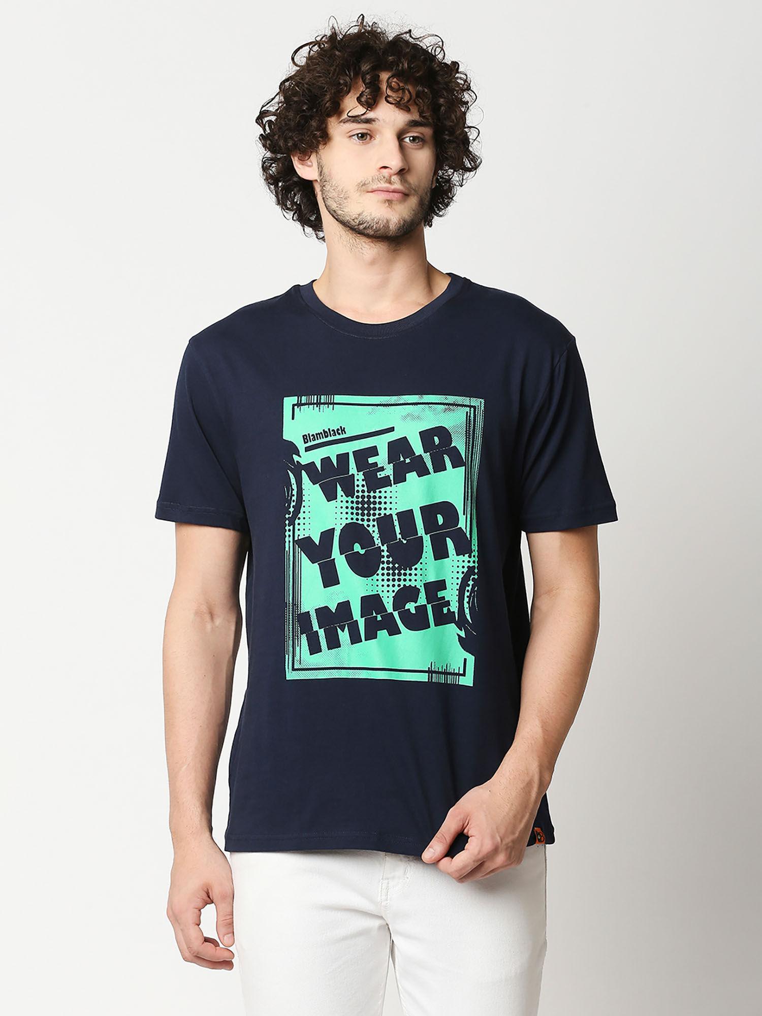 mens comfort fit navy blue chest print t-shirt