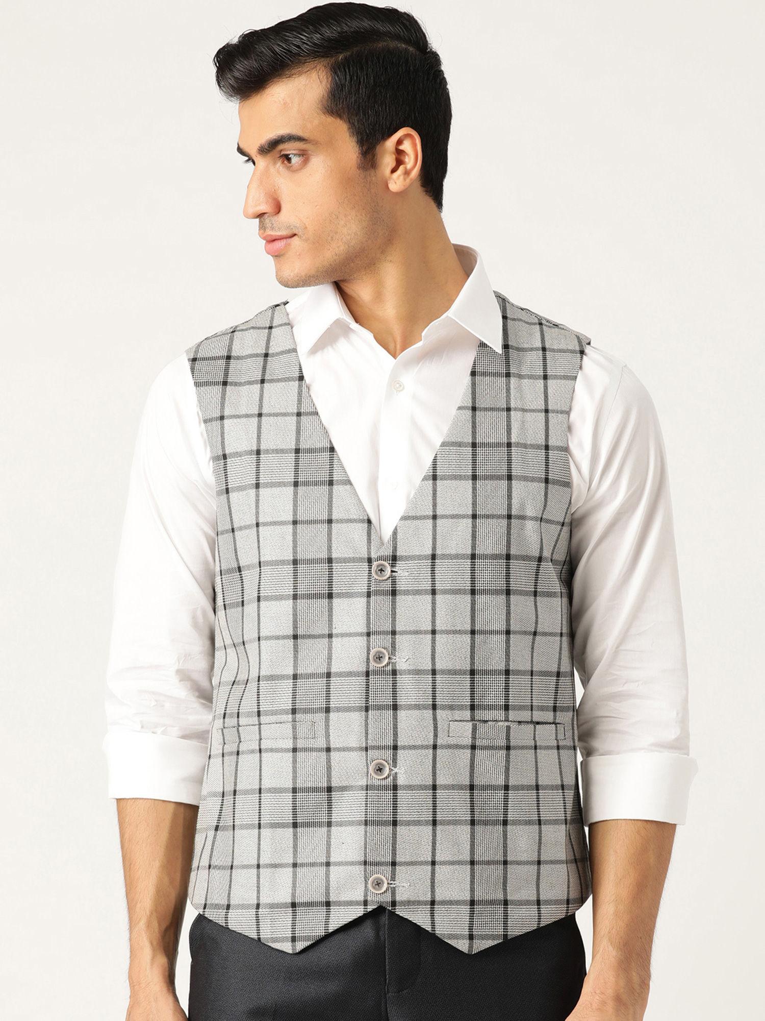 mens cotton blend grey & black checked waistcoat