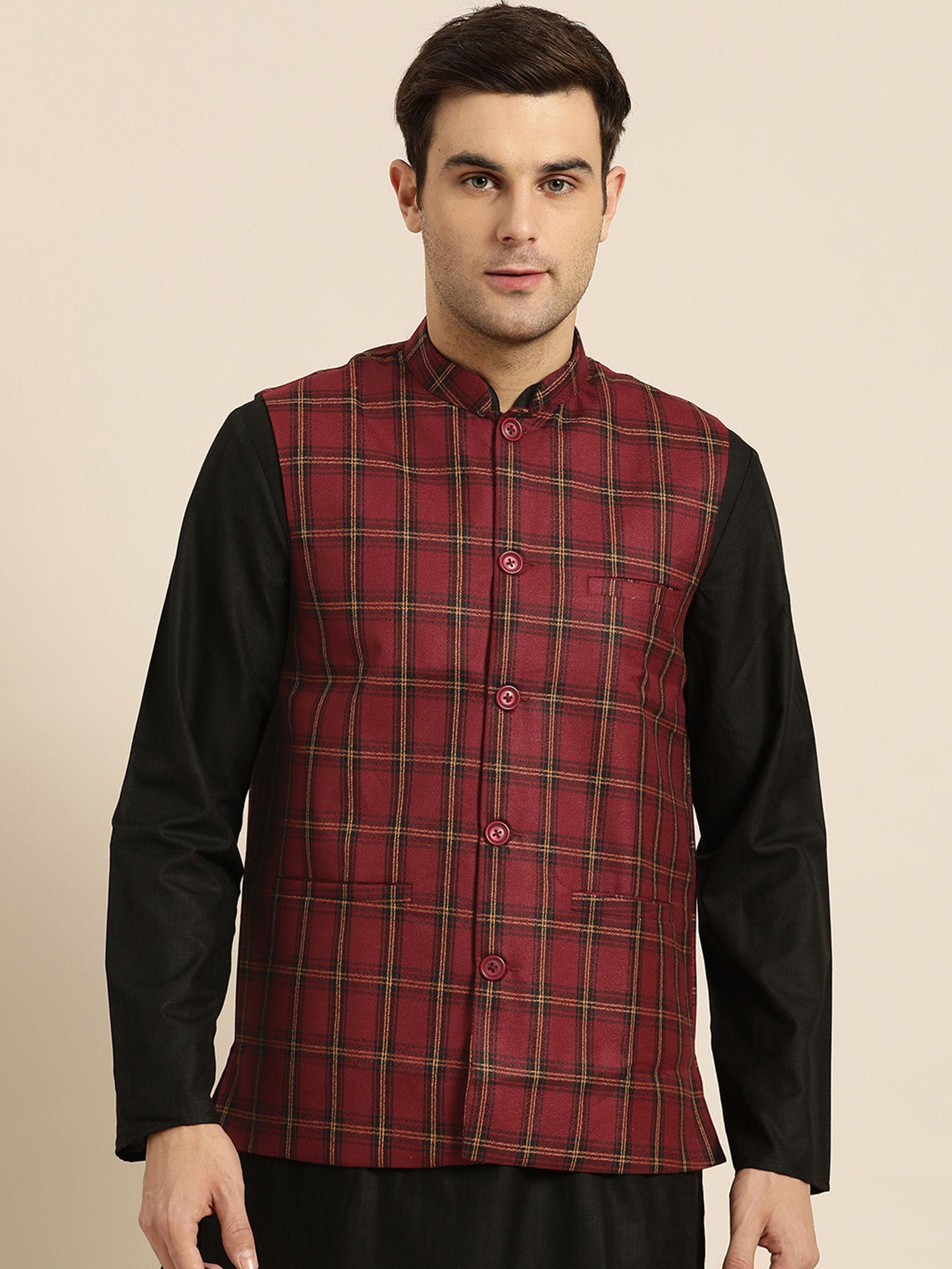 mens cotton blend maroon & black checked nehru jacket