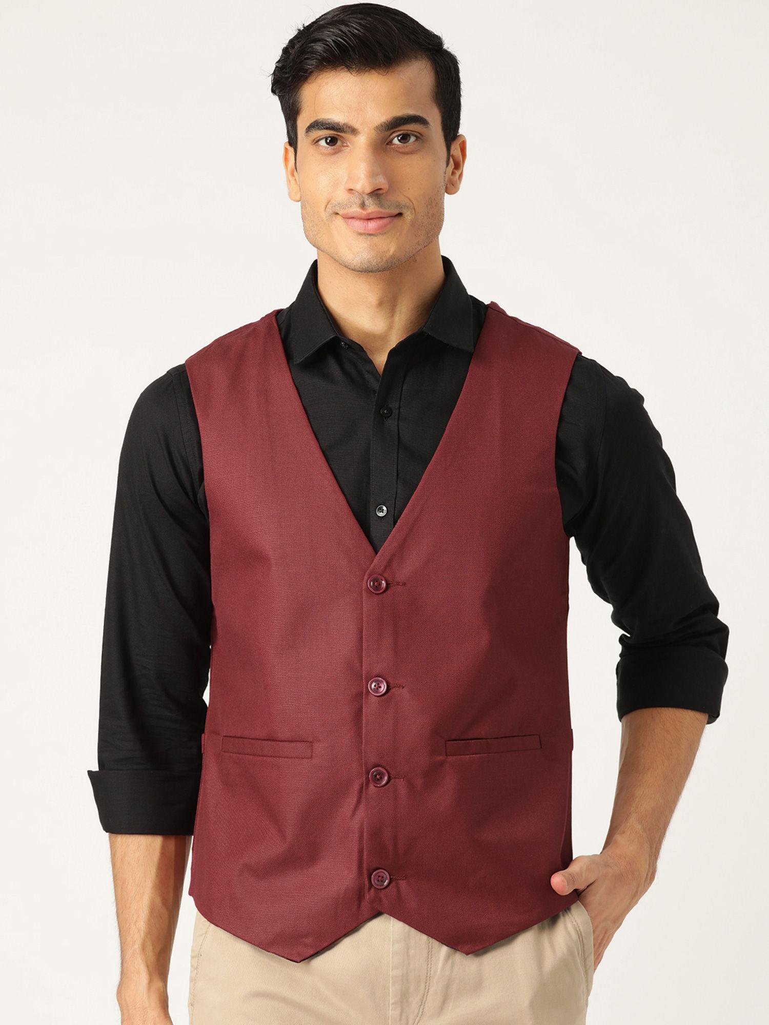 mens cotton blend maroon solid waistcoat