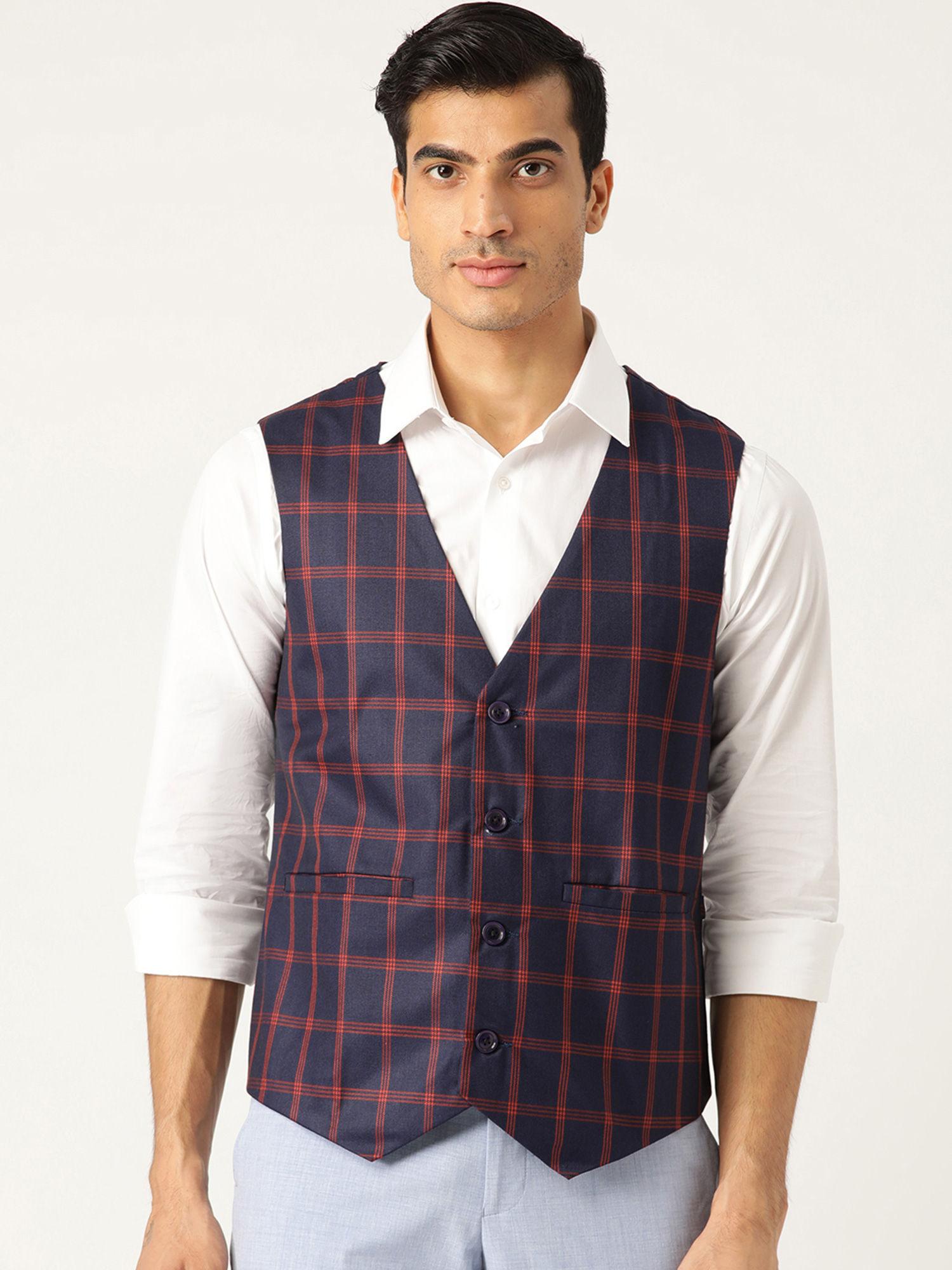 mens cotton blend navy blue & red checked waistcoat