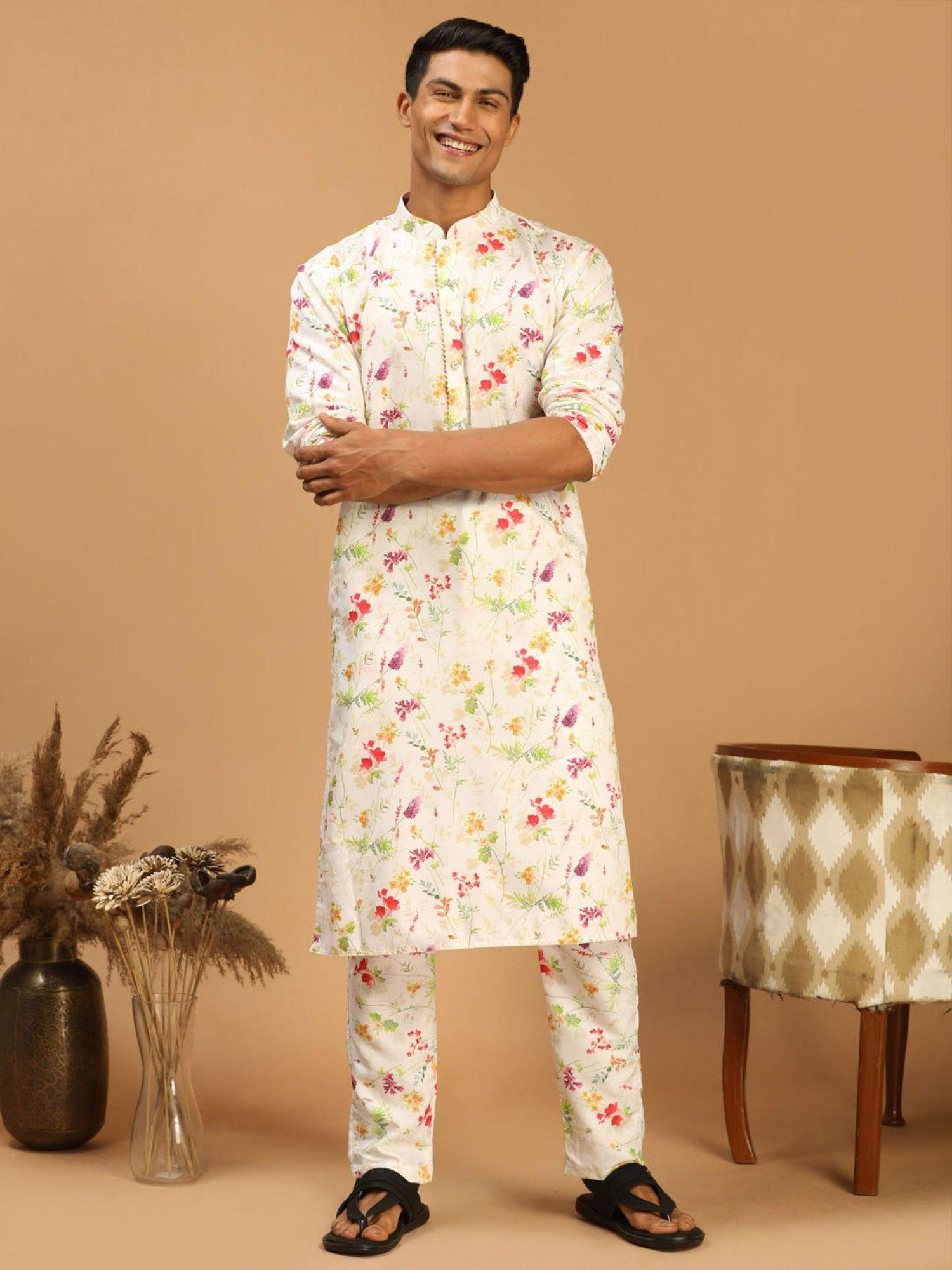 mens cream cotton blend kurta pyjama (set of 2)