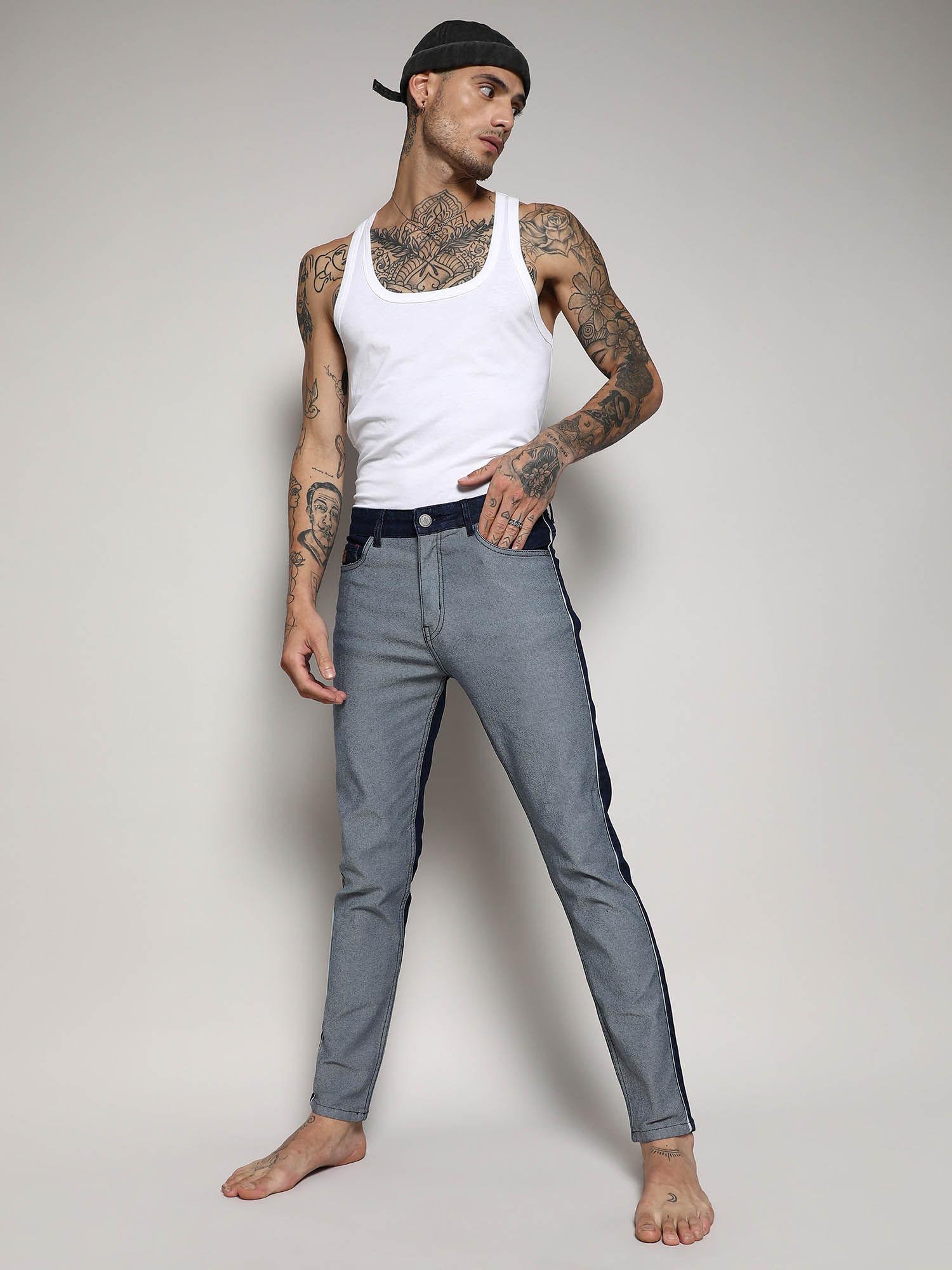 mens dark blue & grey contrast back denim jeans