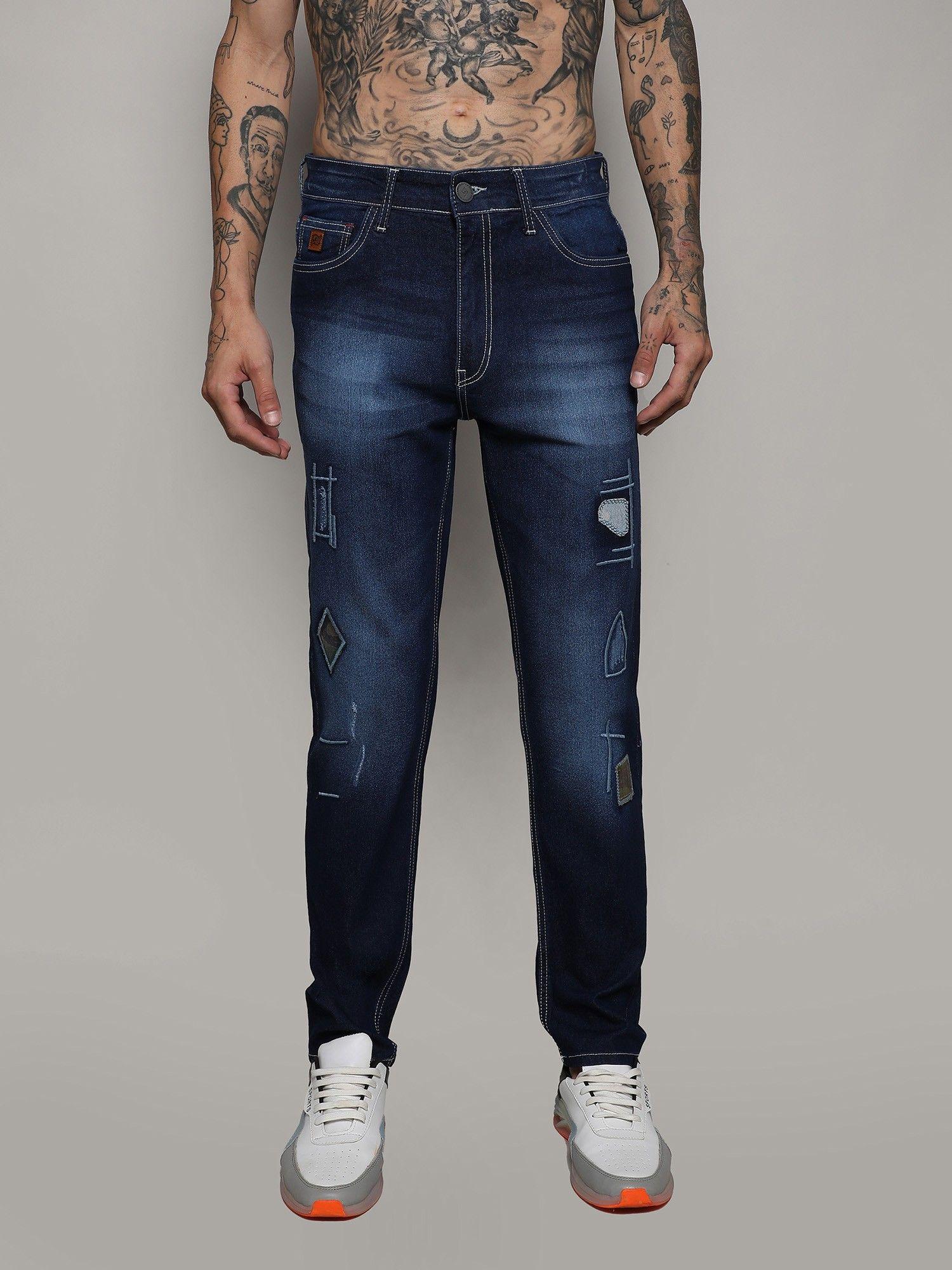 mens dark blue embroidered denim jeans