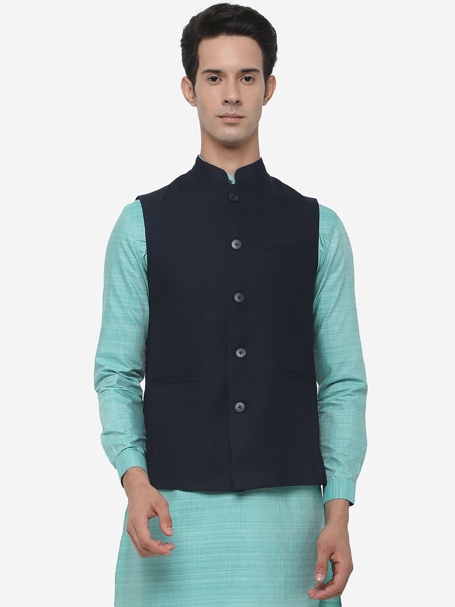 mens dark blue terry wool regular fit self-textured modi kurta