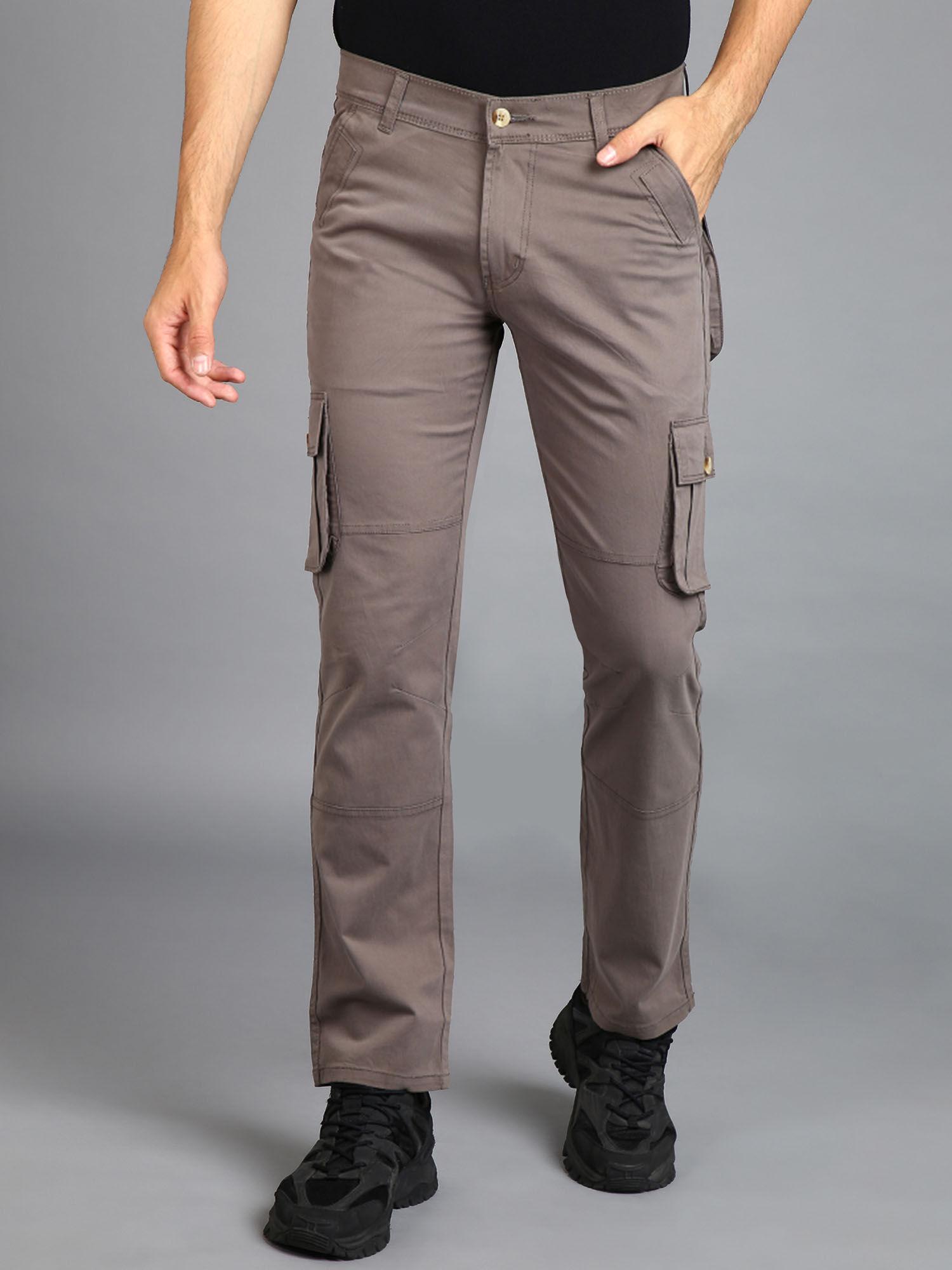 mens dark grey regular fit solid cargo chino pant with 6 pockets