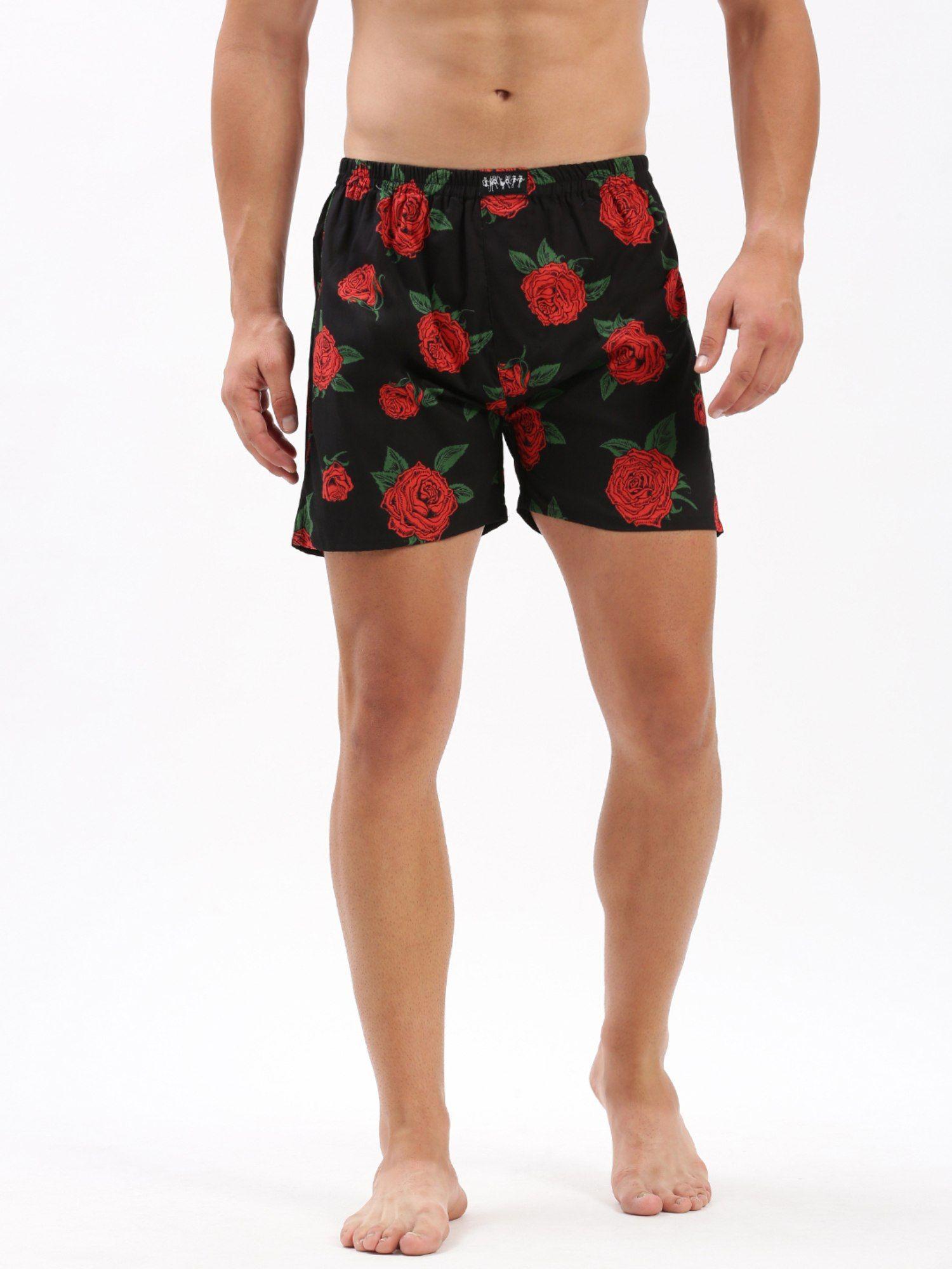 mens floral printed black cotton slim fit boxer