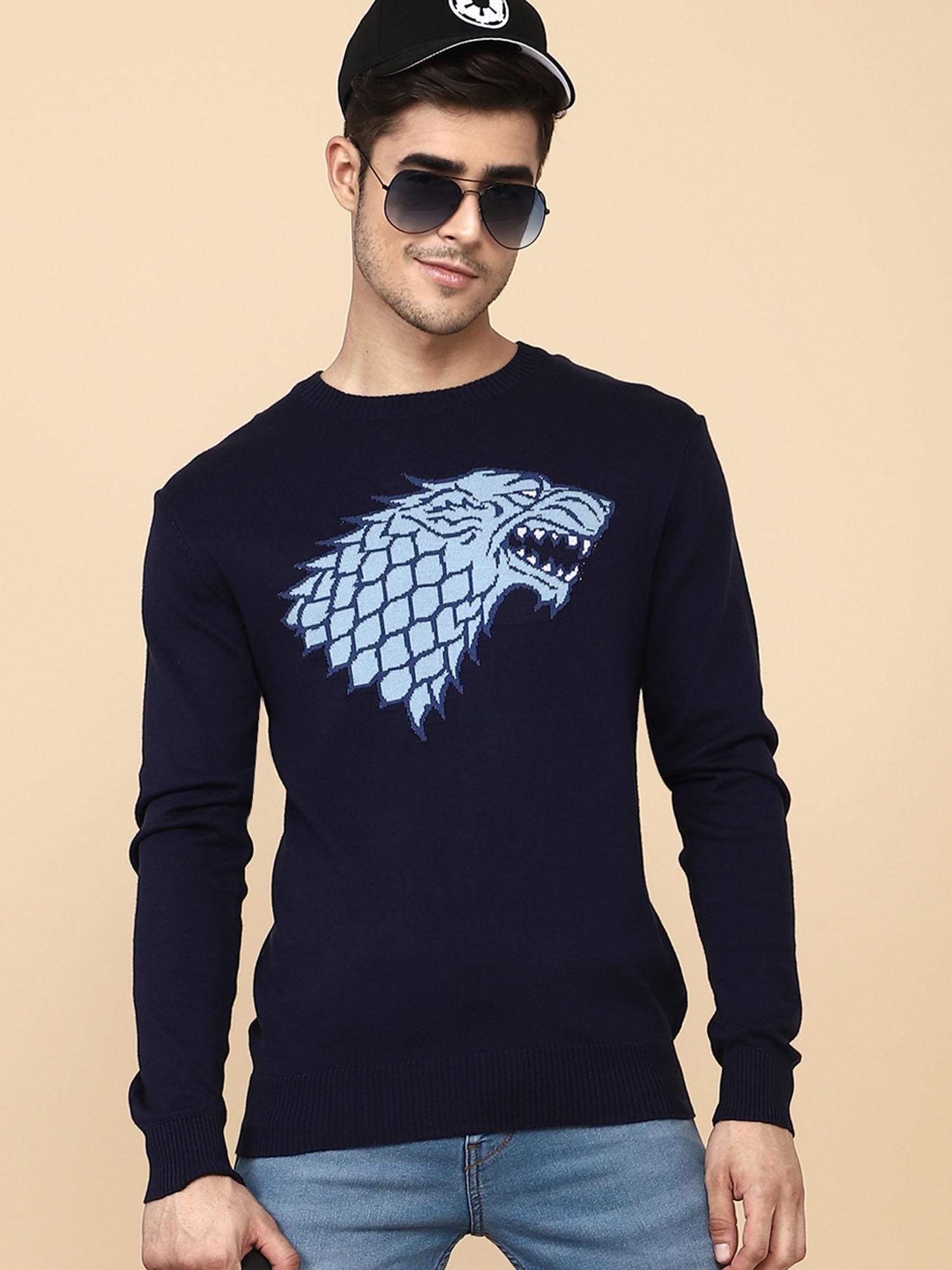 mens game of thrones printed navy blue sweater