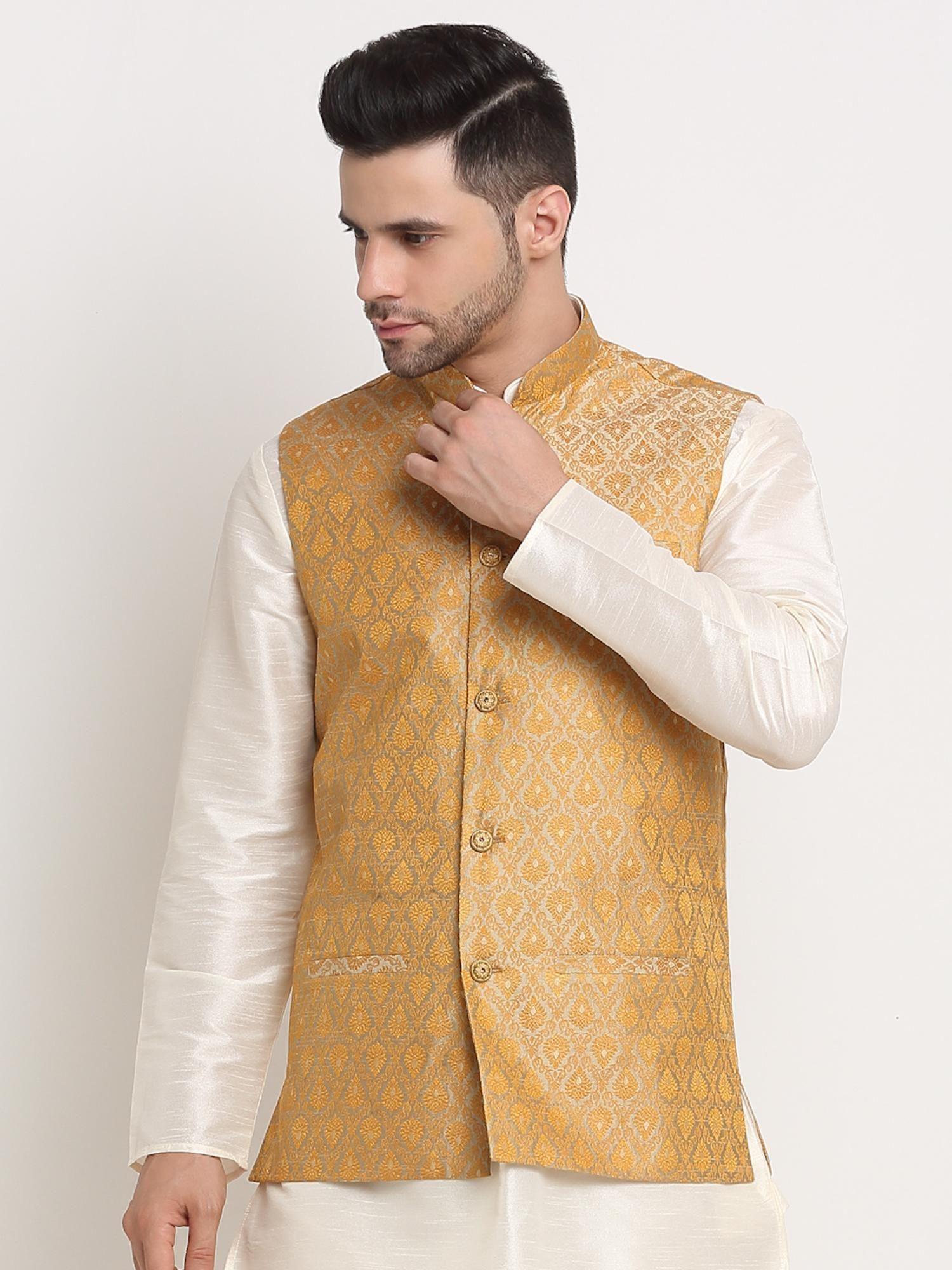 mens gold jacquard woven design nehru jacket