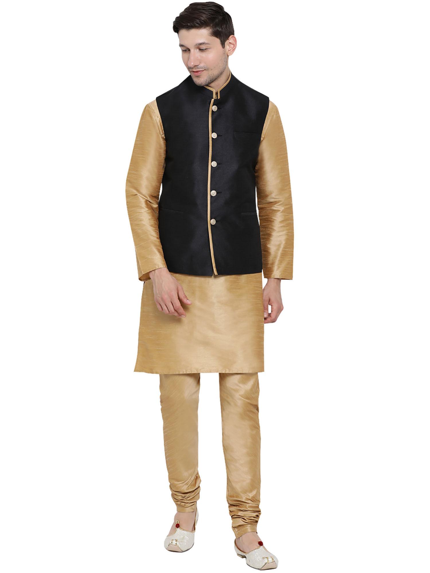 mens gold silk blend jacket, kurta and pyjama (set of 3)