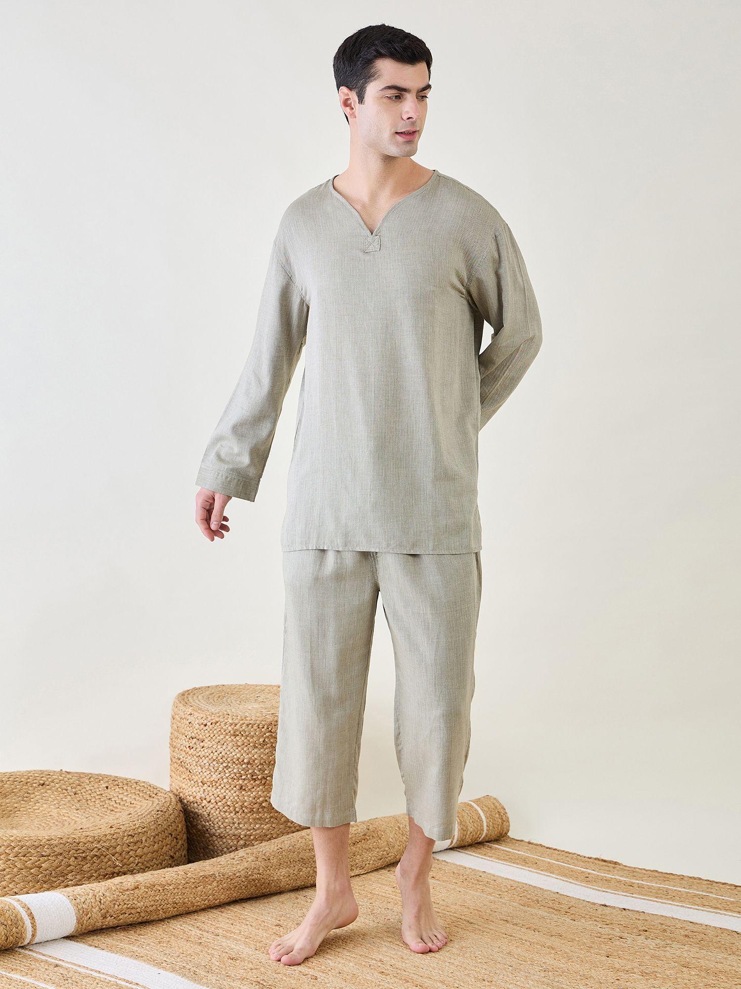 mens green cotton top and pyjama (set of 2)