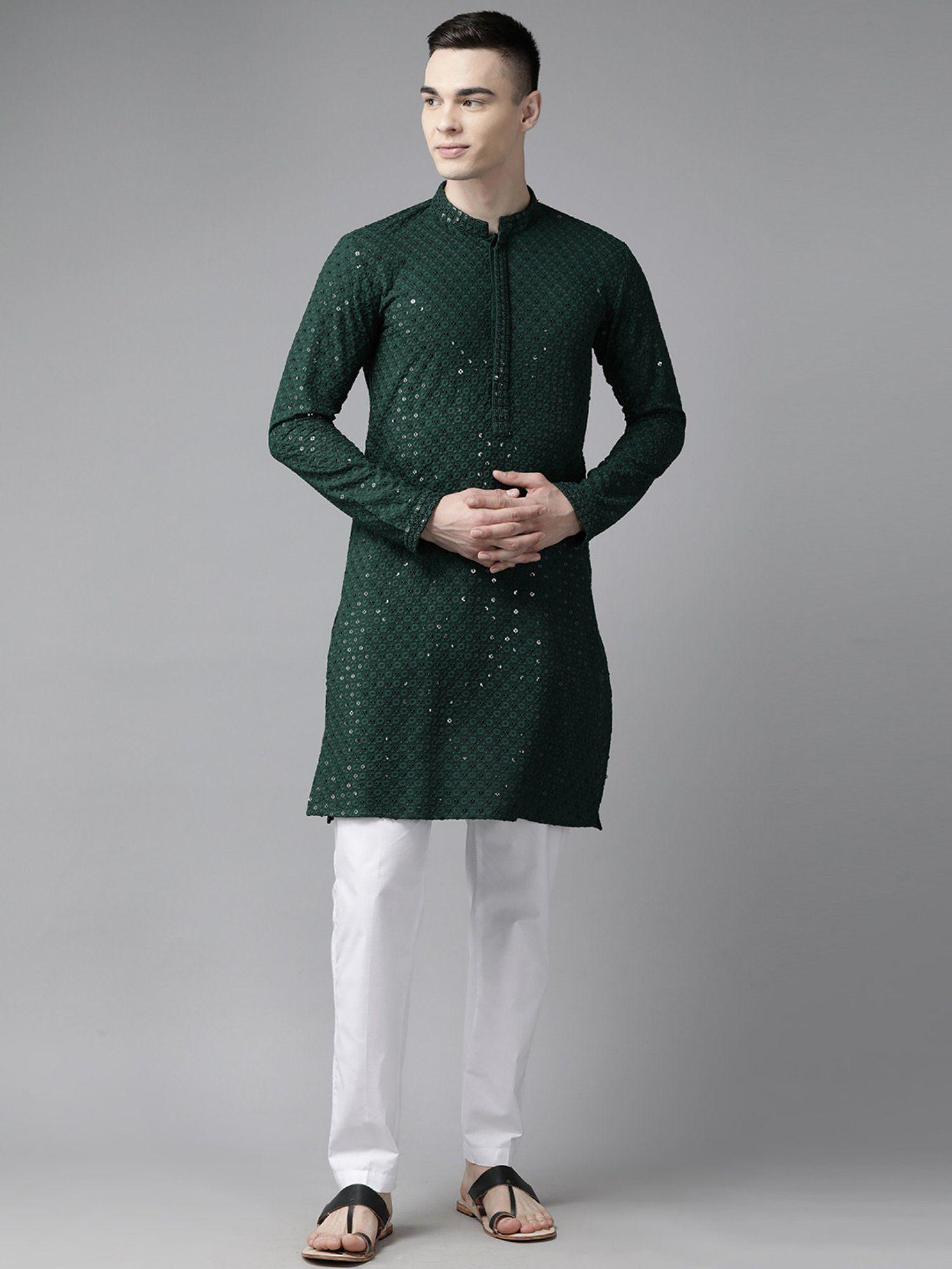 mens green floral embroidered sequined rayon kurta with pyjama (set of 2)