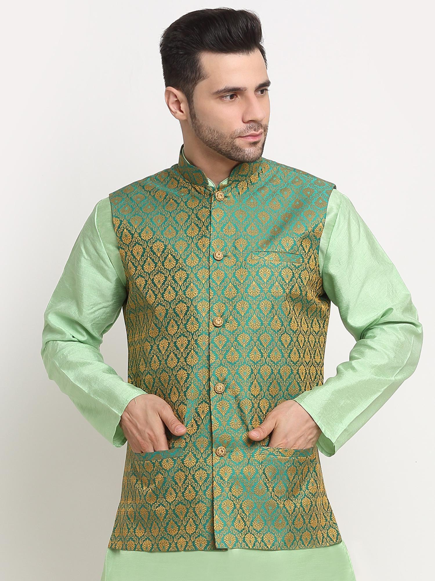 mens green jacquard woven design nehru jacket