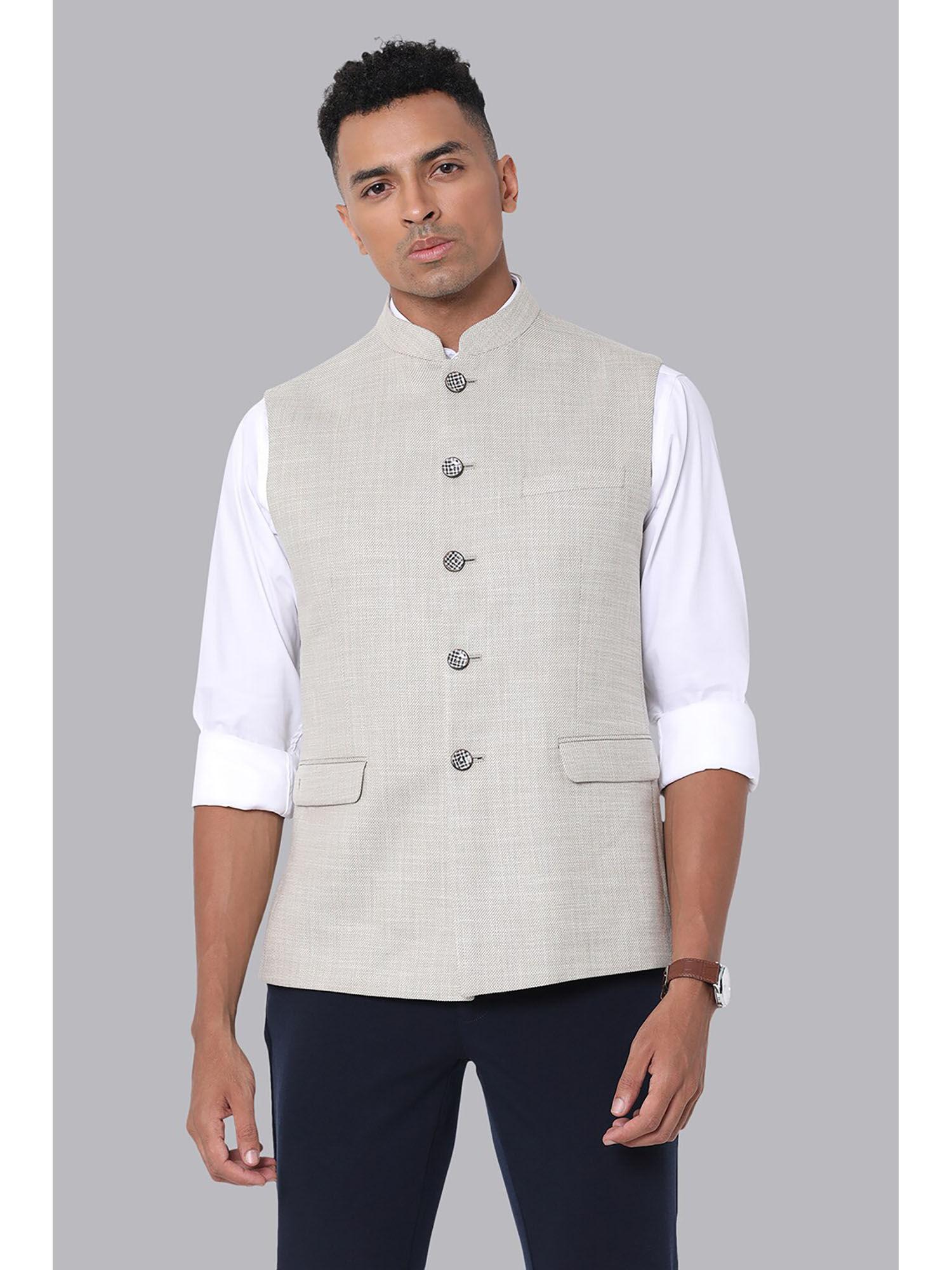 mens grey print slim fit formal nehru jacket