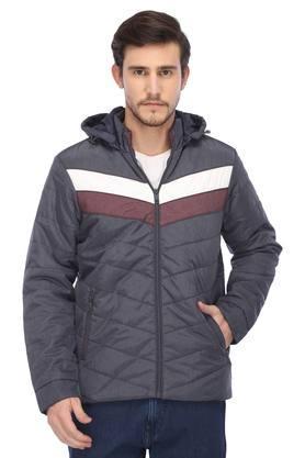 mens hooded neck solid quilted jacket - deep navy