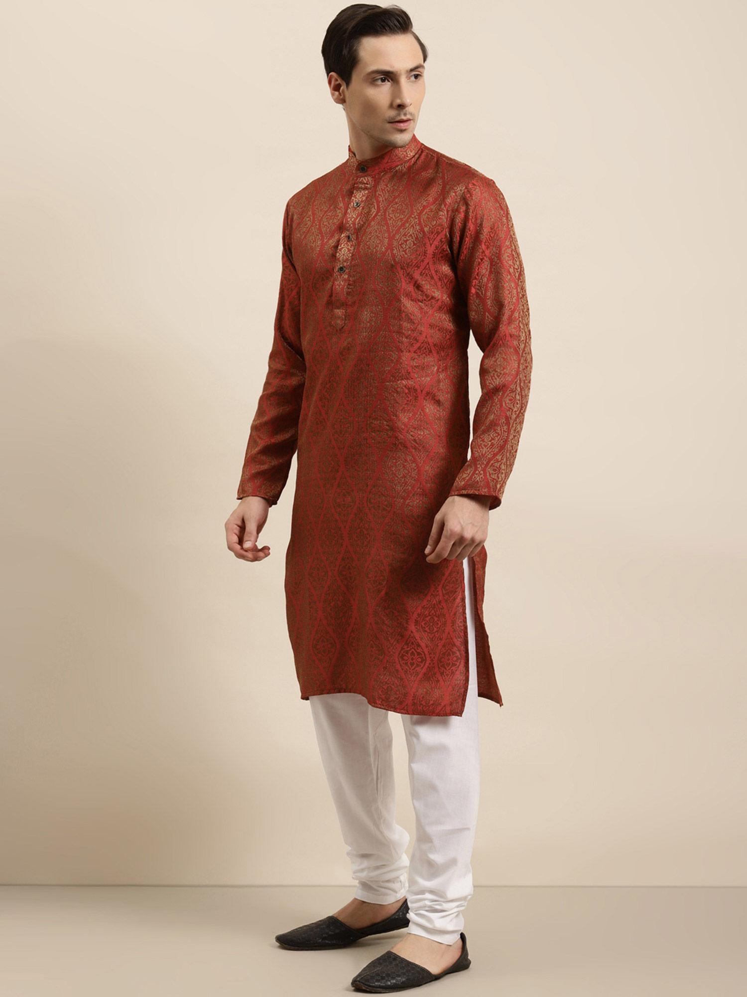mens jacquard silk red & gold kurta & off-white churidar pyjama (set of 2)