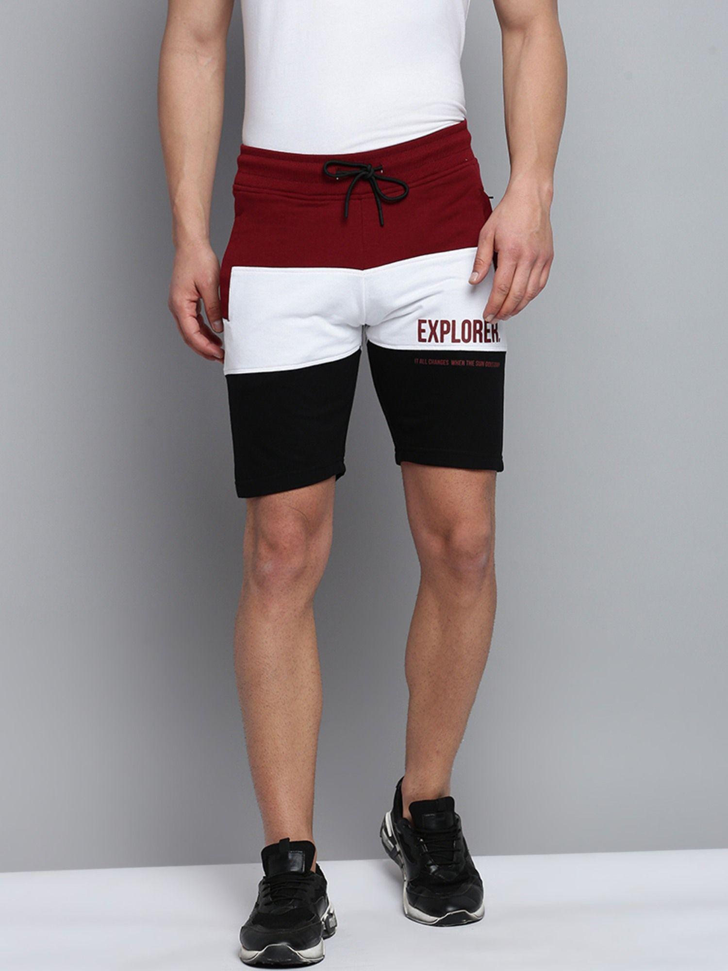 mens knee length colourblocked maroon mid-rise regular shorts