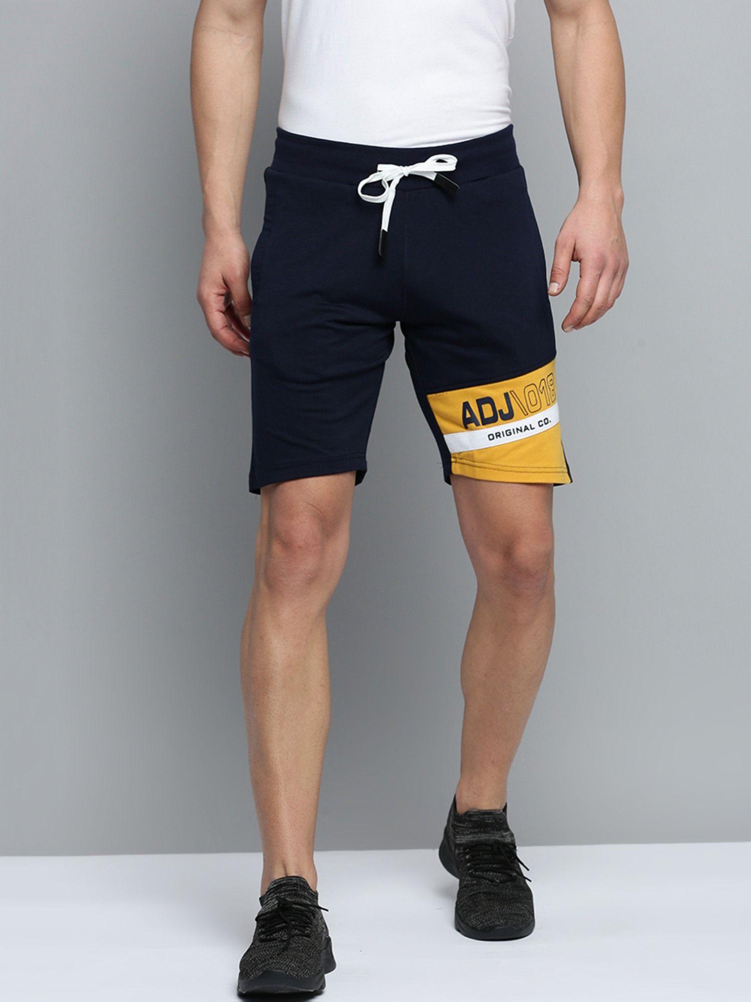 mens knee length colourblocked navy blue mid-rise sports shorts