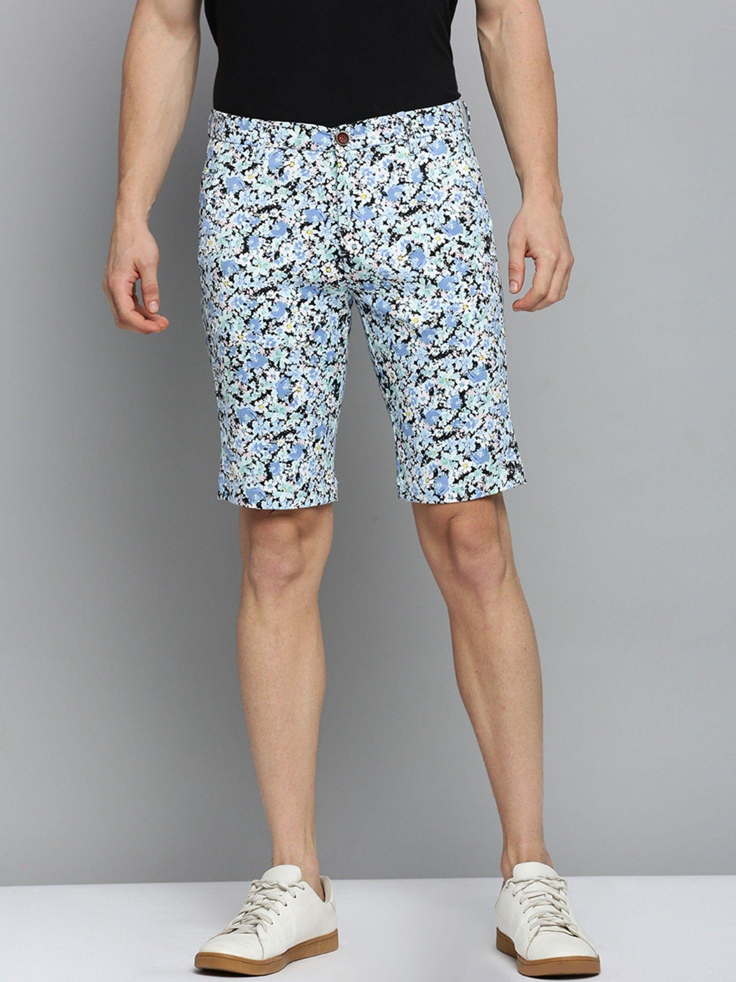 mens knee length printed blue mid rise regular shorts