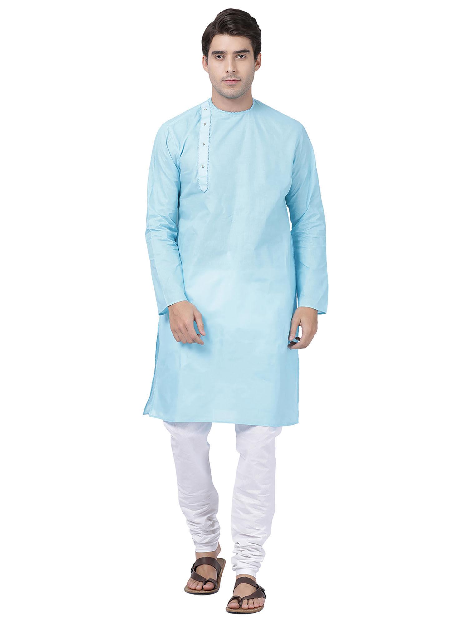 mens light blue cotton blend kurta churidar (set of 2)