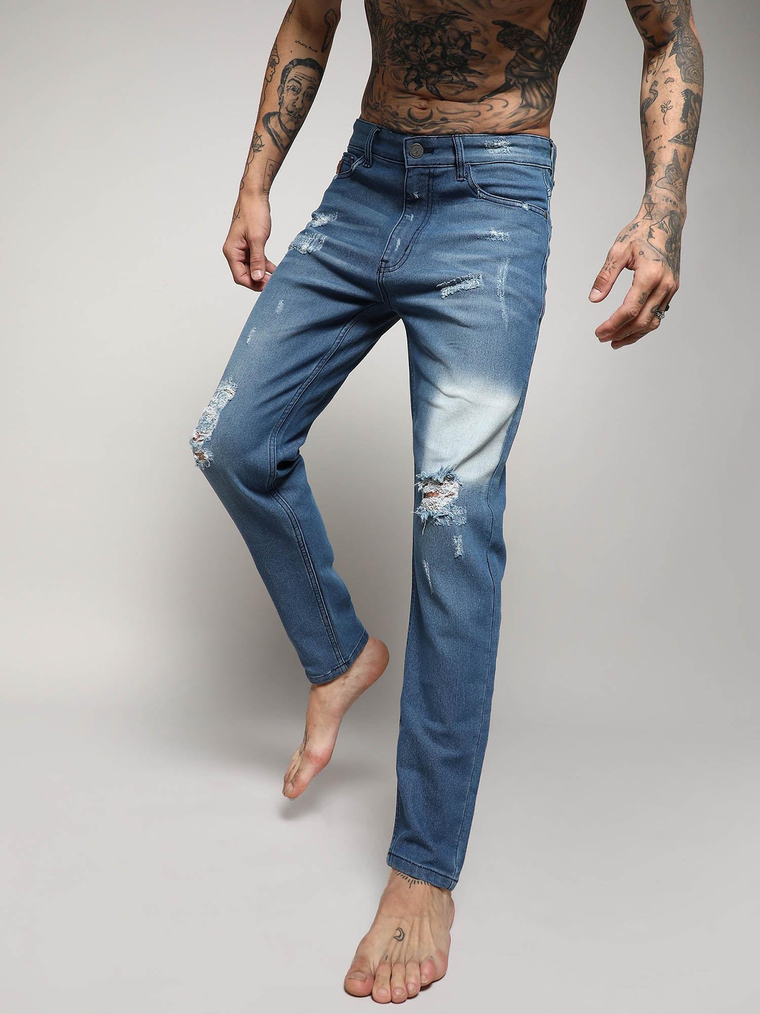 mens light blue ripped knee denim jeans