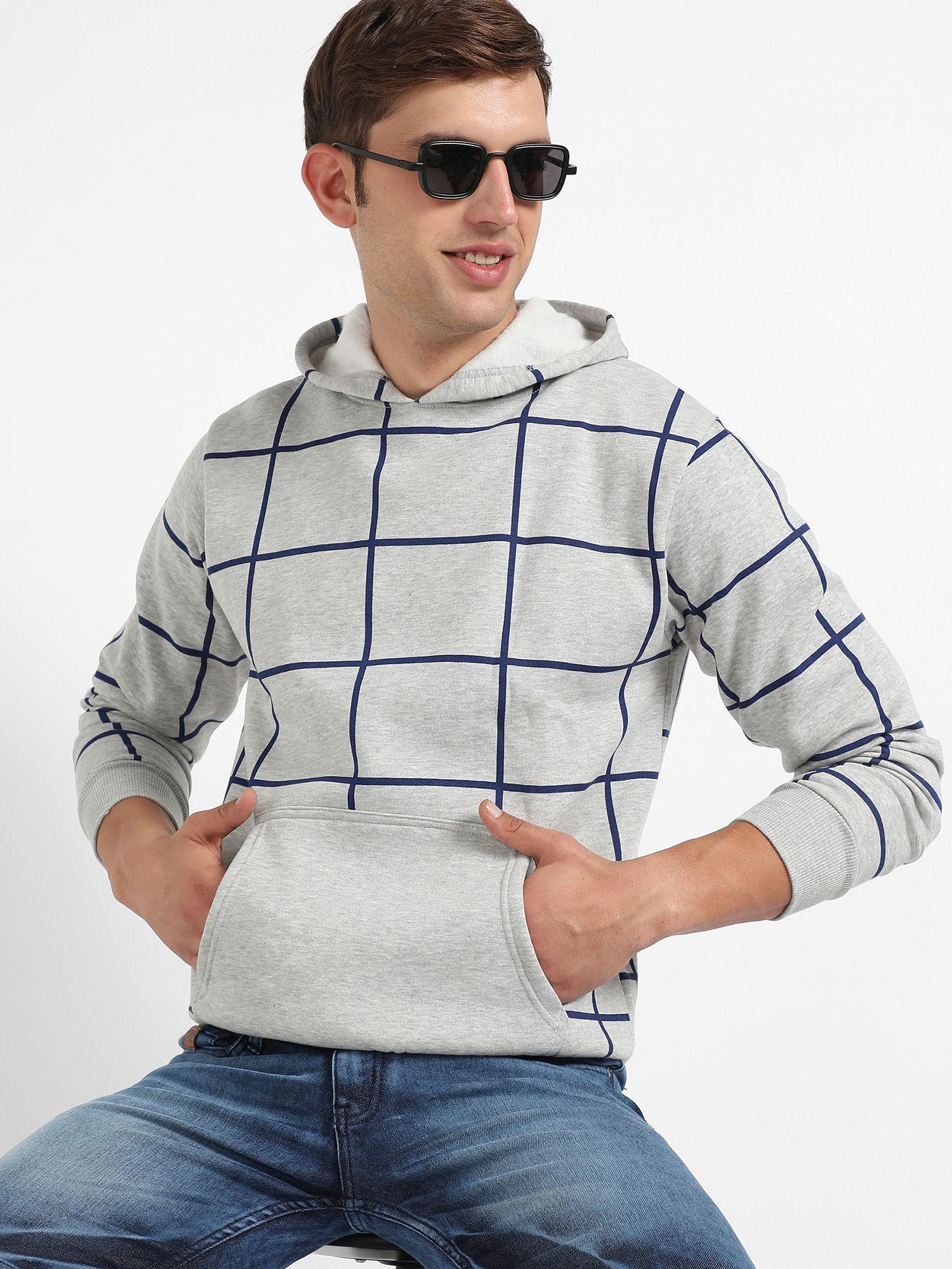 mens light grey contrast graph check hoodie with kangaroo pocket
