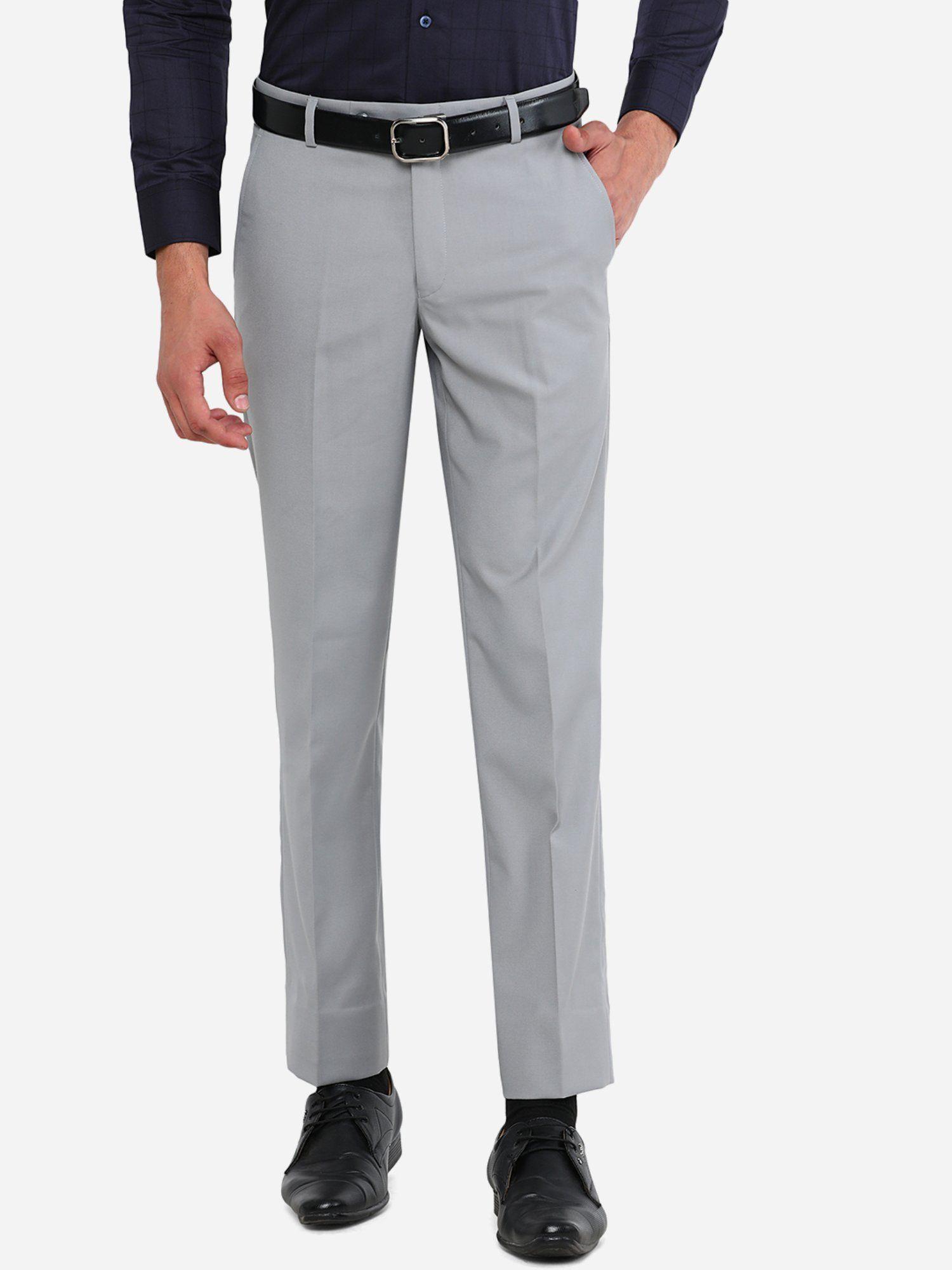 mens light grey poly viscose slim fit solid formal trouser