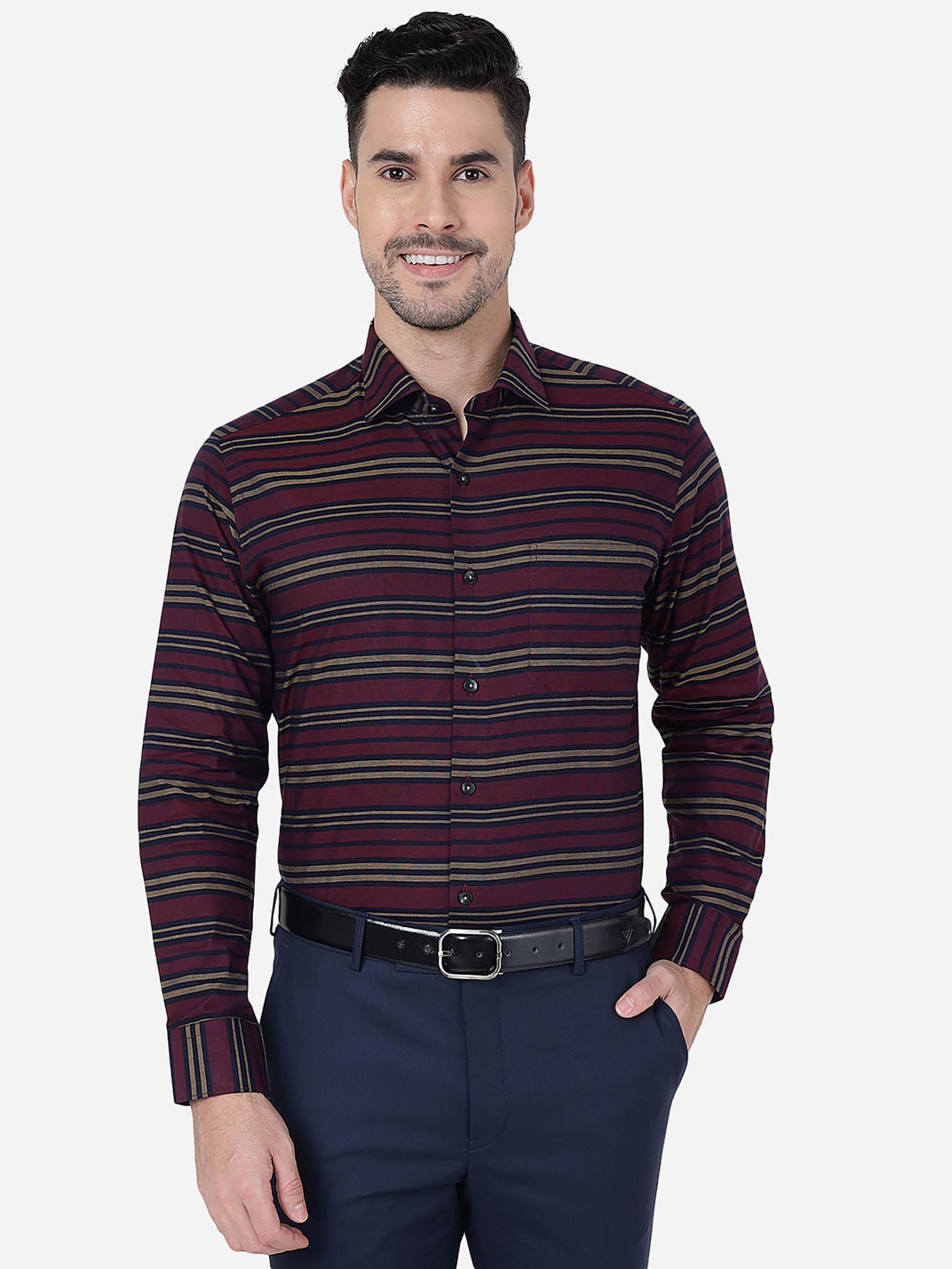 mens maroon 100% cotton slim fit striped formal shirt