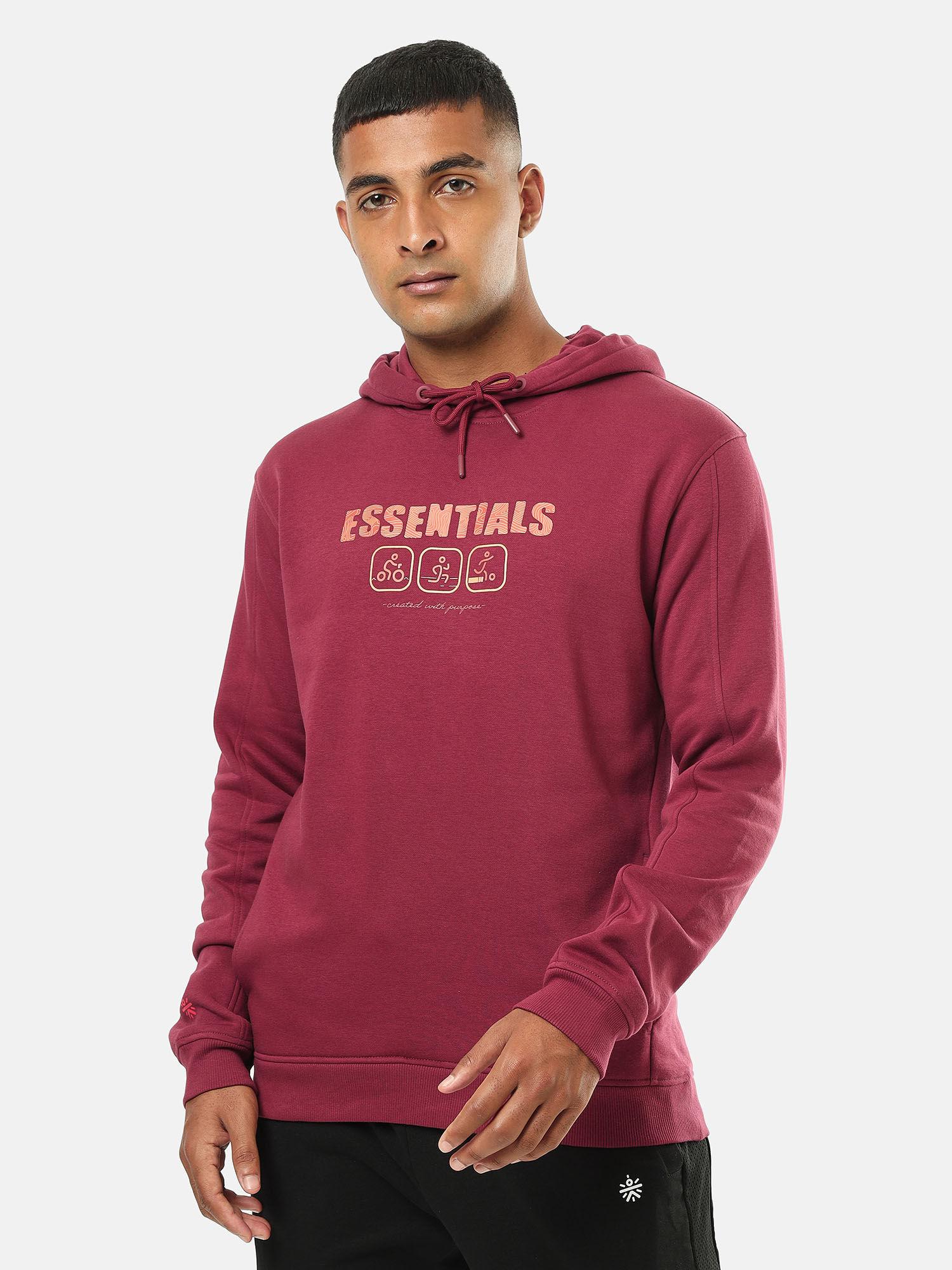 mens maroon printed hoodie with slit pockets