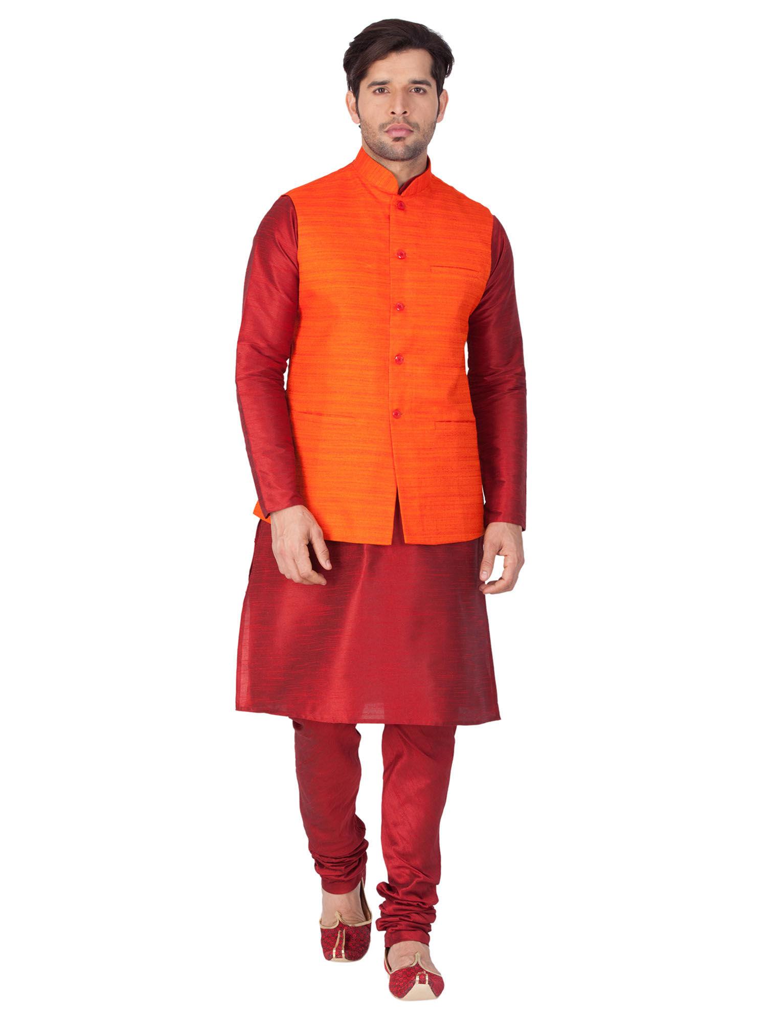 mens maroon silk blend jacket, kurta and pyjama (set of 3)