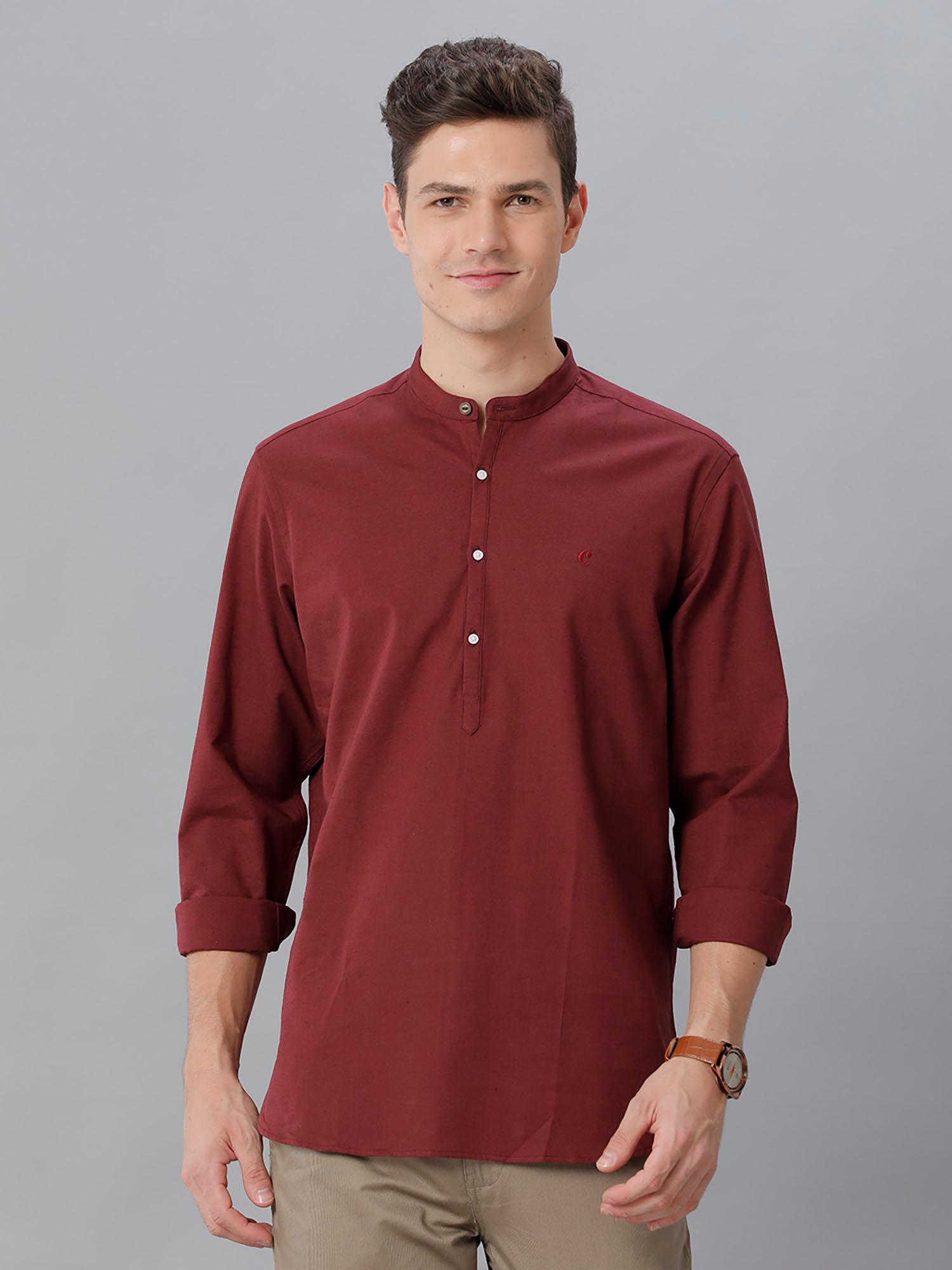 mens maroon solid regular fit cotton linen shirt