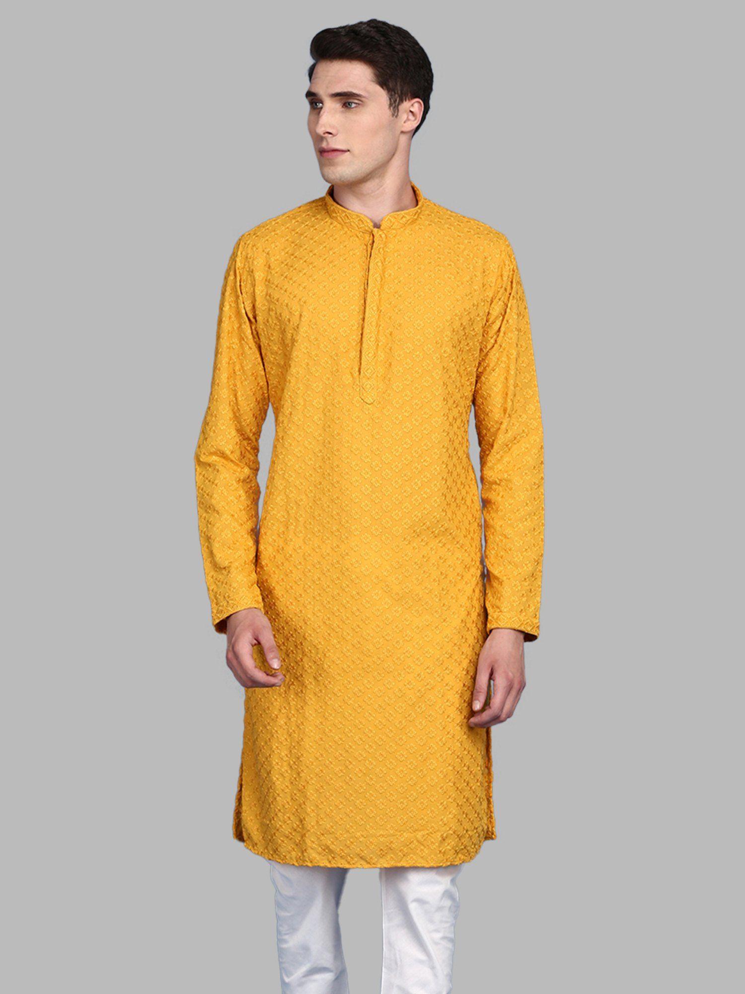 mens mustard chikankari designer cotton kurta