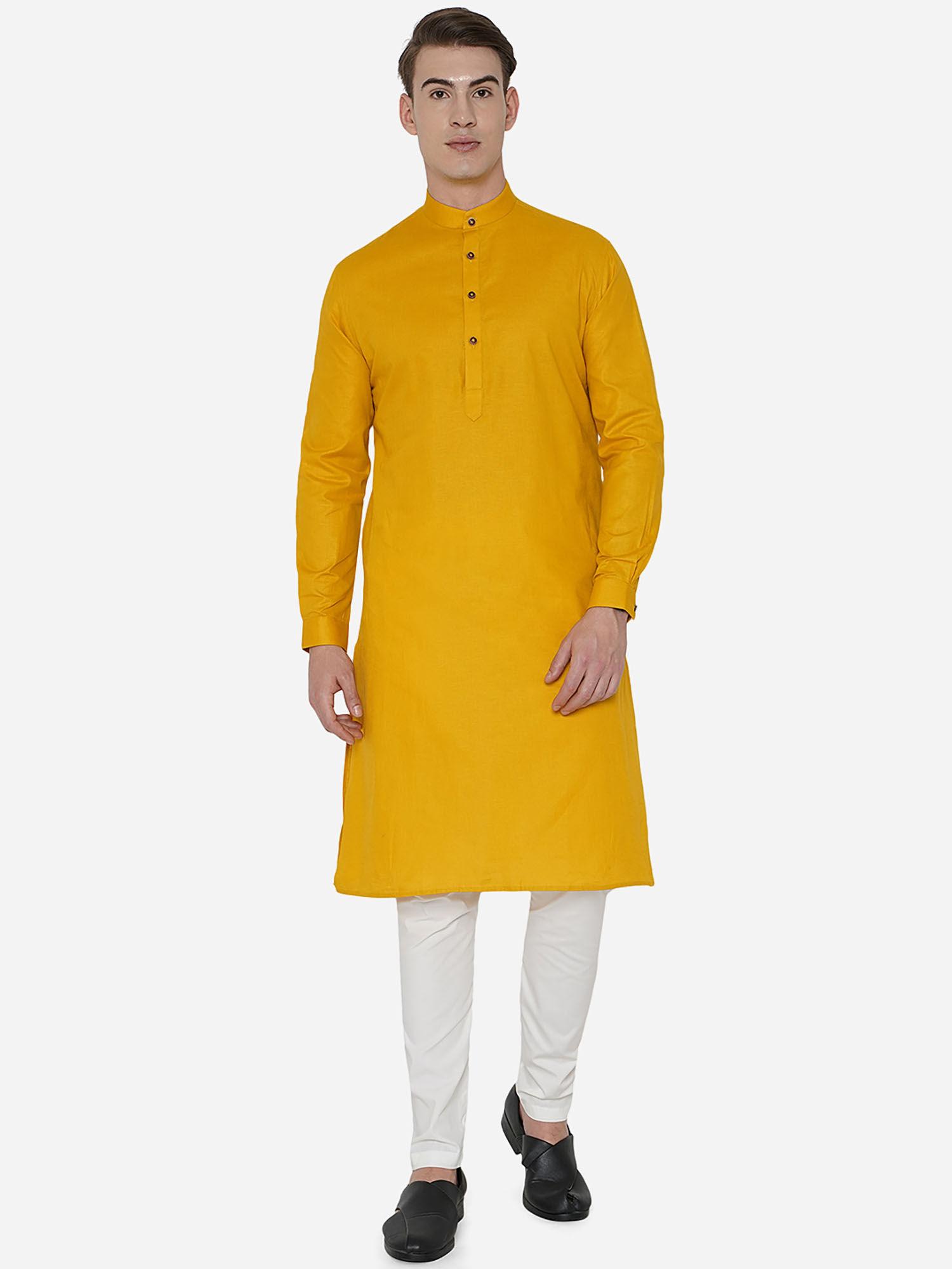 mens mustard yellow 100% cotton regular fit self-textured modi kurta