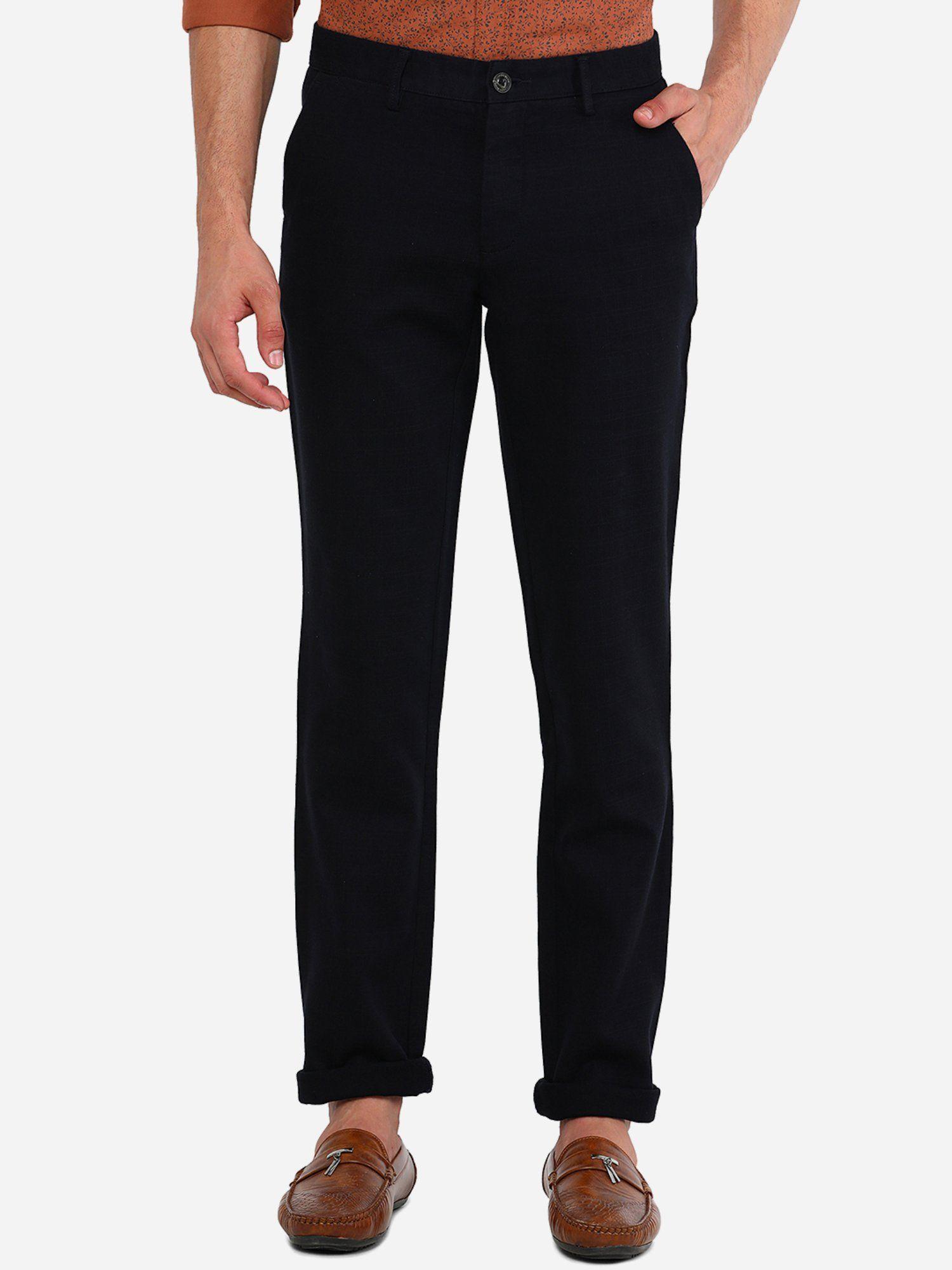 mens navy blue 100% cotton uno fit solid casual trouser