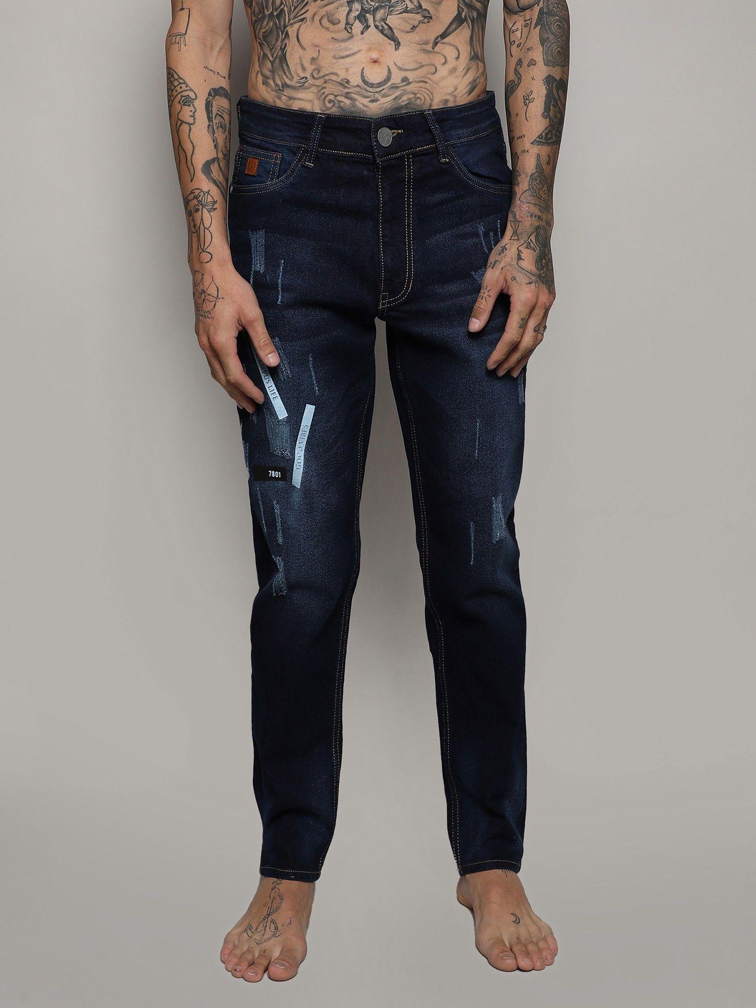 mens navy blue embroidered patched denim jeans