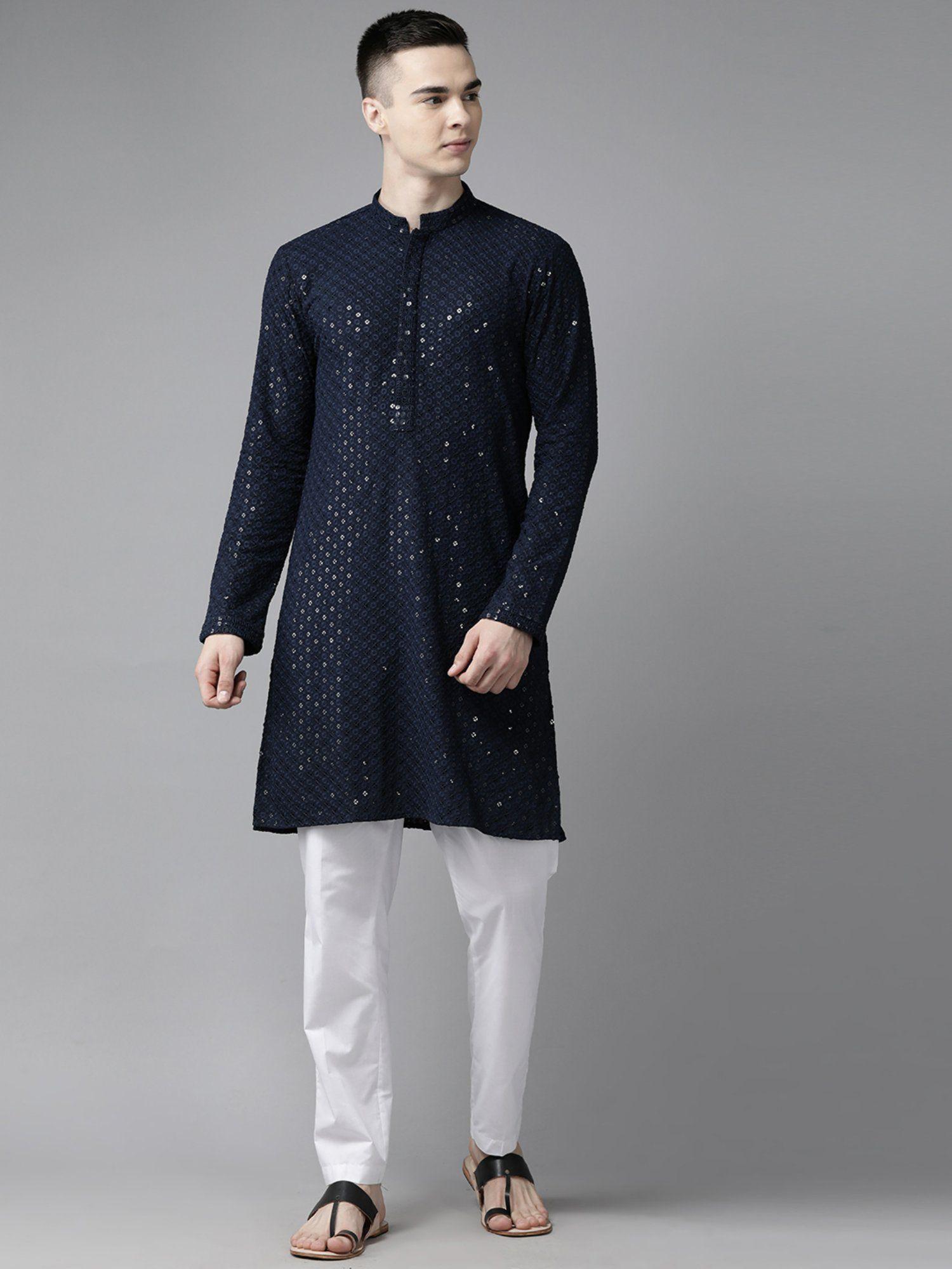 mens navy blue floral embroidered sequined rayon kurta with pyjama (set of 2)