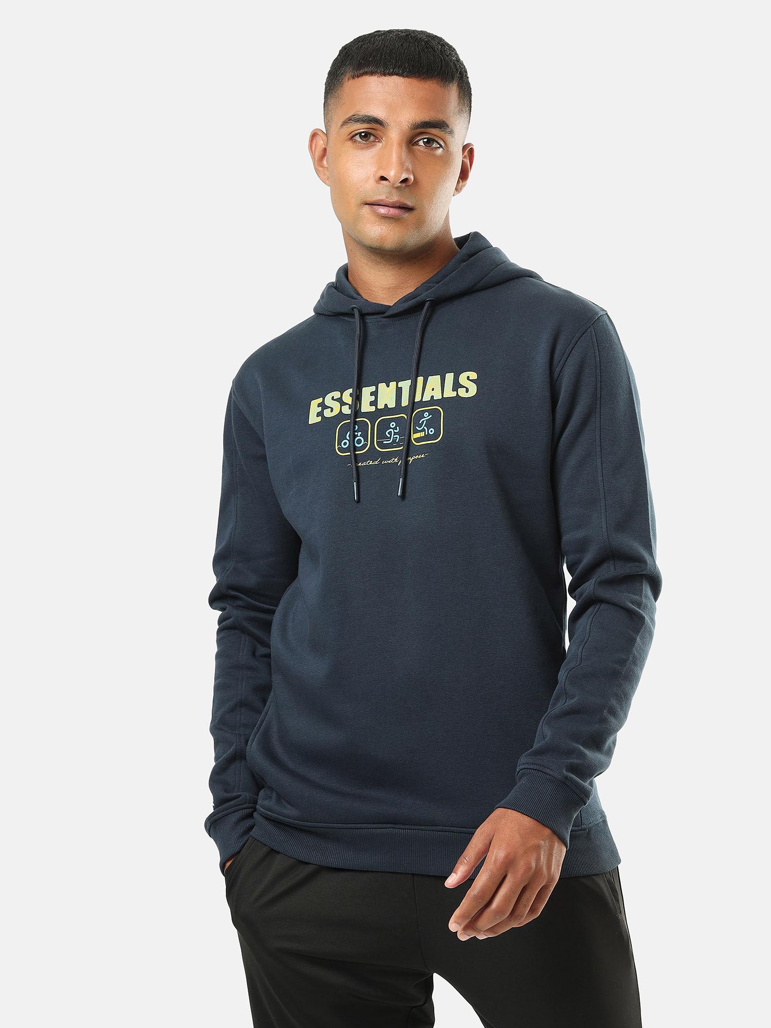 mens navy blue printed hoodie with slit pockets